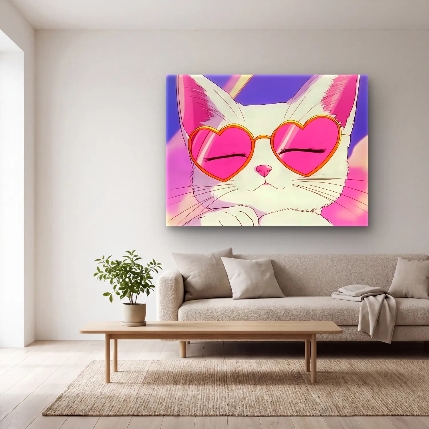 Pastel Kedi No. 9 cam tablo — açık renk salonda