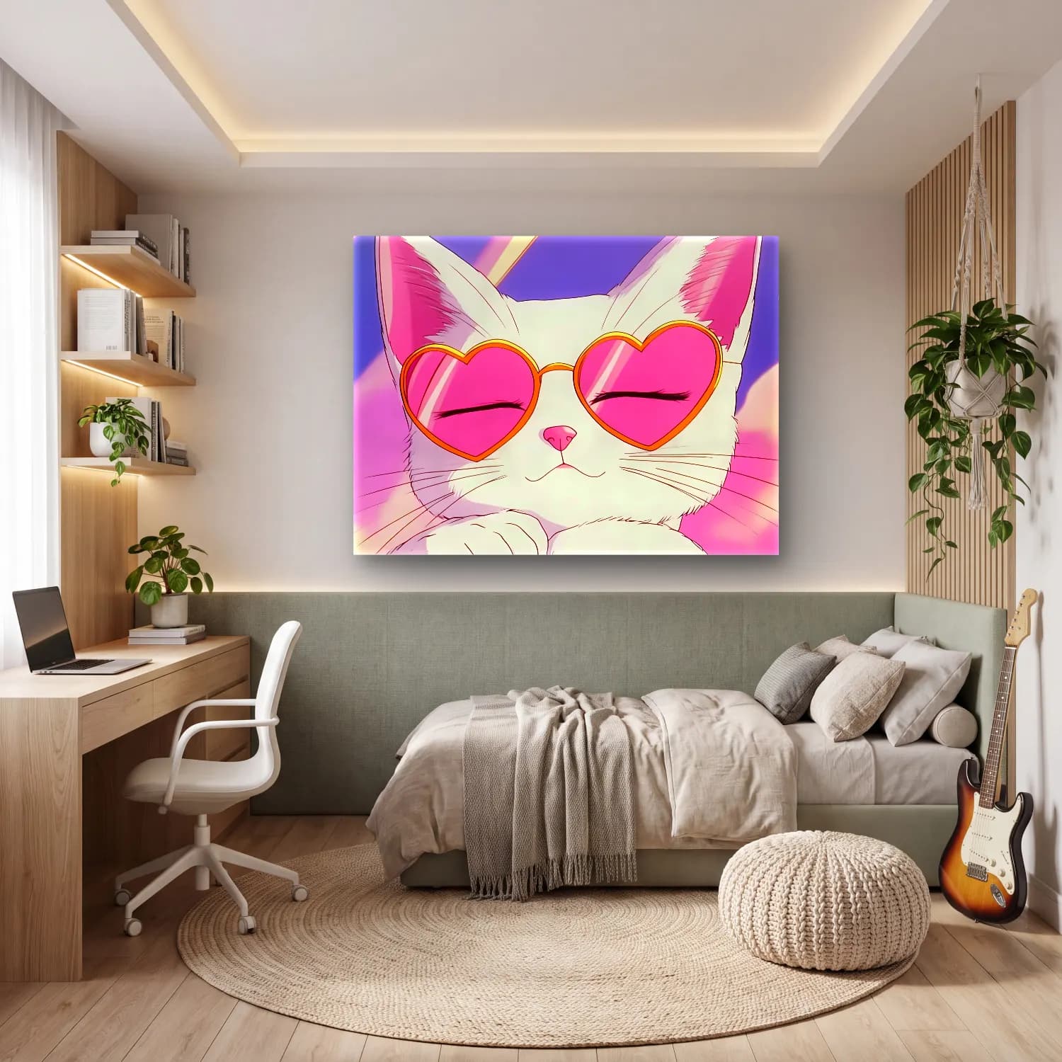 Pastel Kedi No. 9 cam tablo — genç odasında