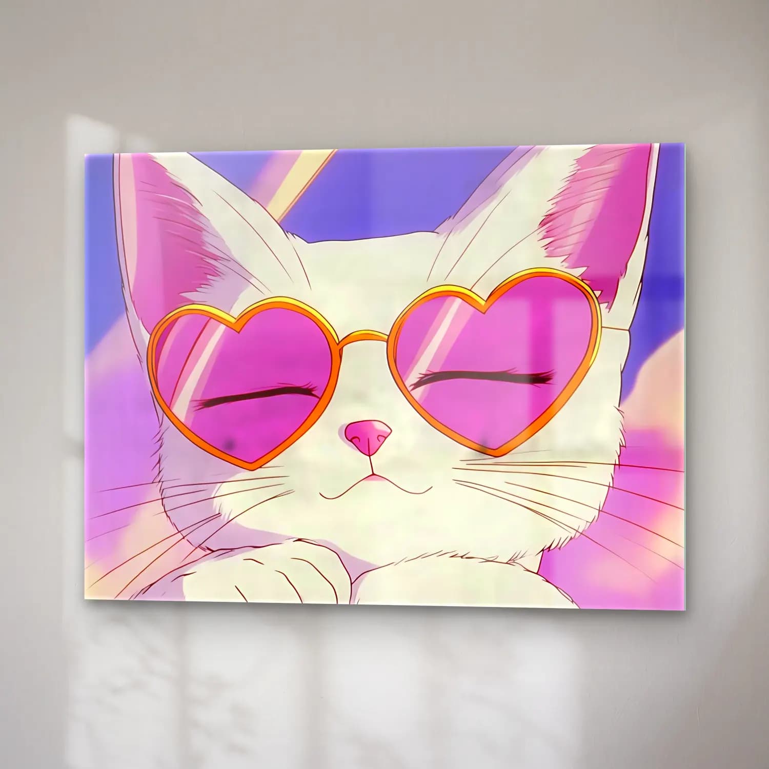 Pastel Kedi No. 9 cam tablo — sağ açıdan görünüm