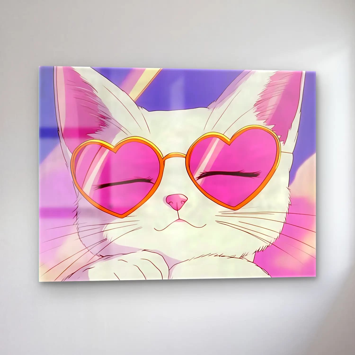 Pastel Kedi No. 9 cam tablo — sol açıdan görünüm