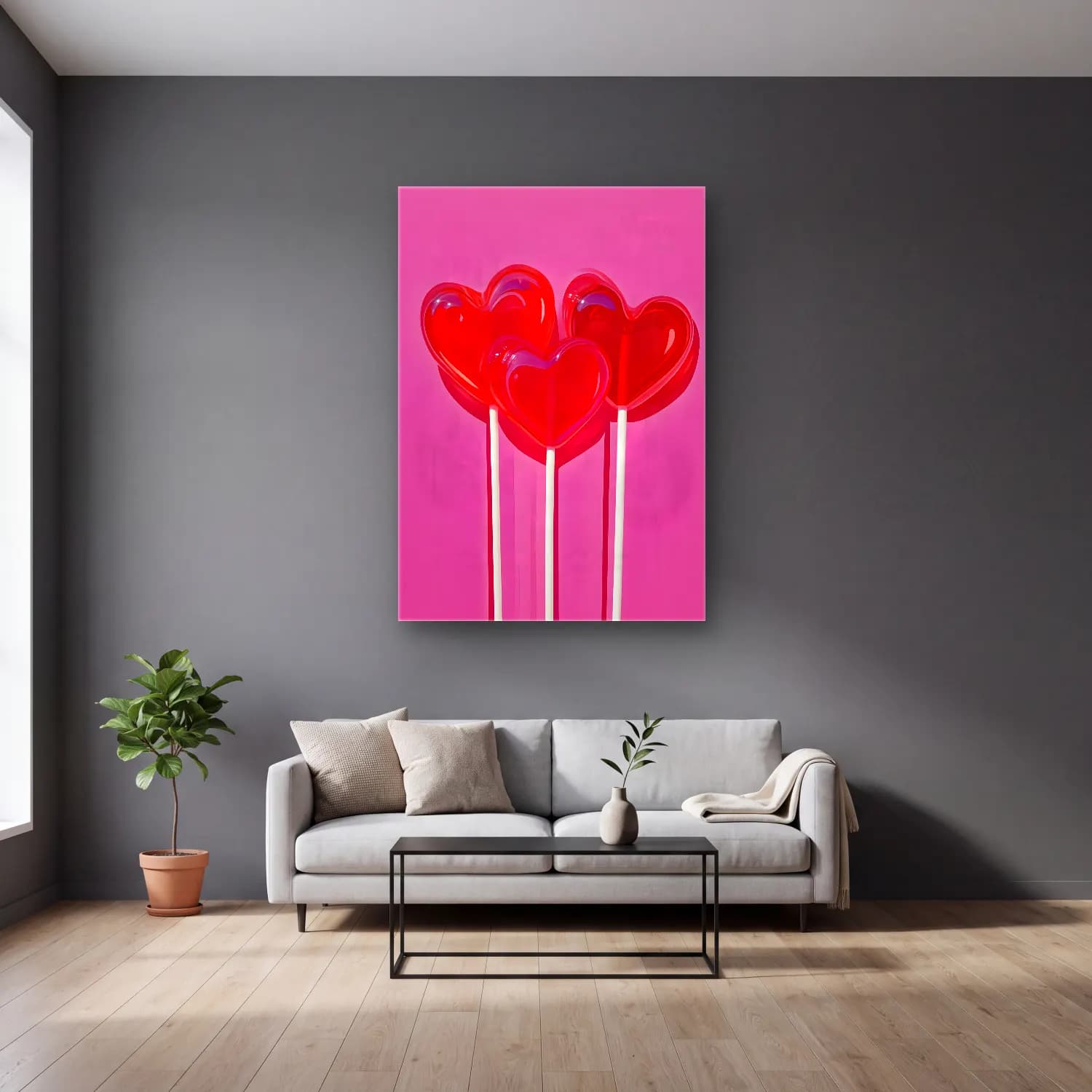 Pop Art Kirazlar – Pembe Tonlar cam tablo — gri duvarlı salonda
