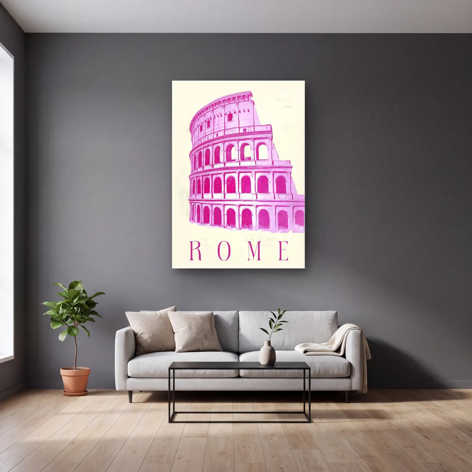 Pastel Roma – Pembe Tonlar cam tablo — gri duvarlı salonda