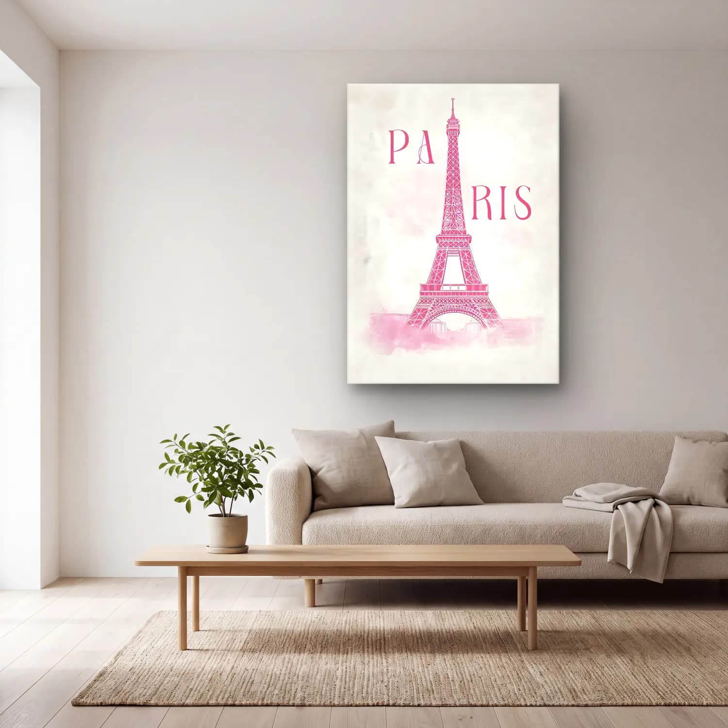 Pastel Paris ve Eyfel Kulesi No. 3 cam tablo — açık renk salonda