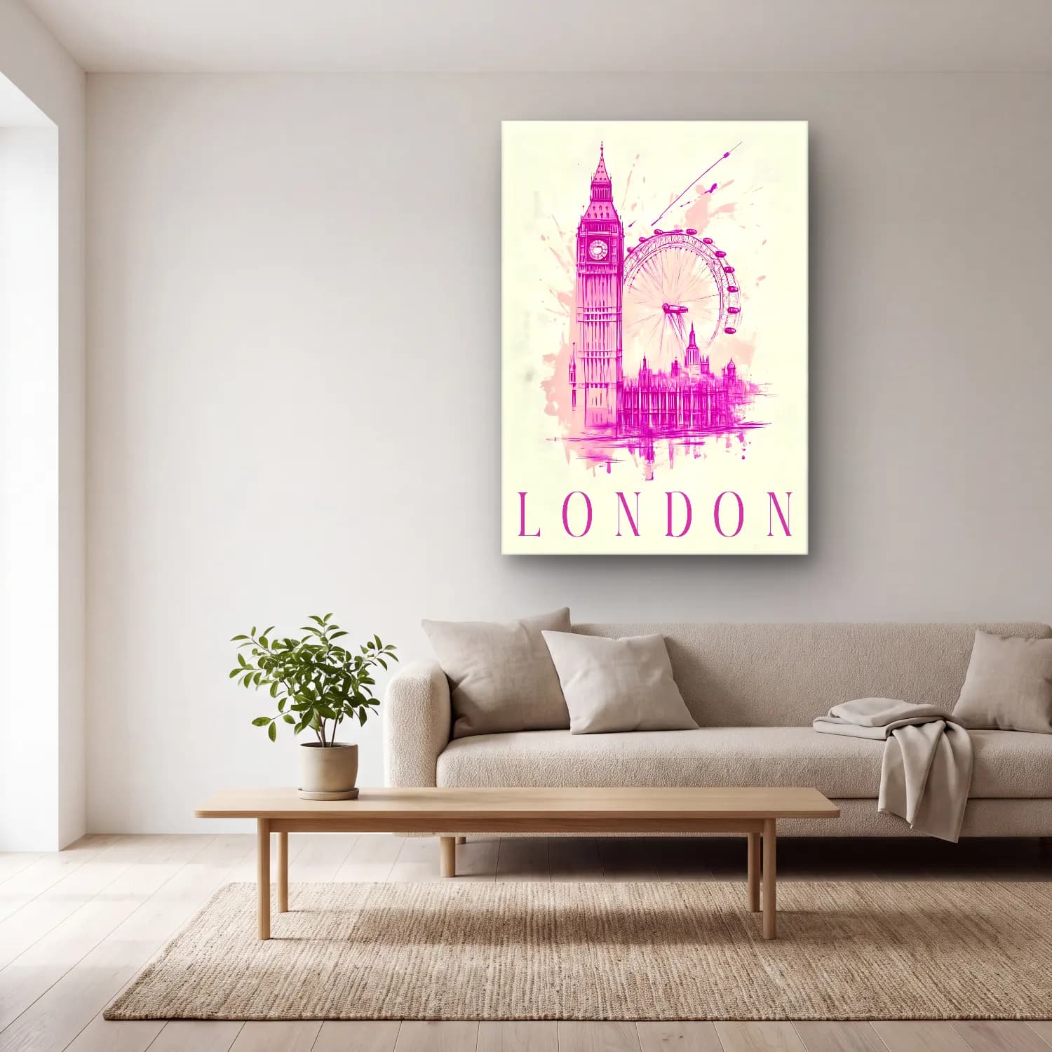 Vintage Londra No. 3 cam tablo — açık renk salonda