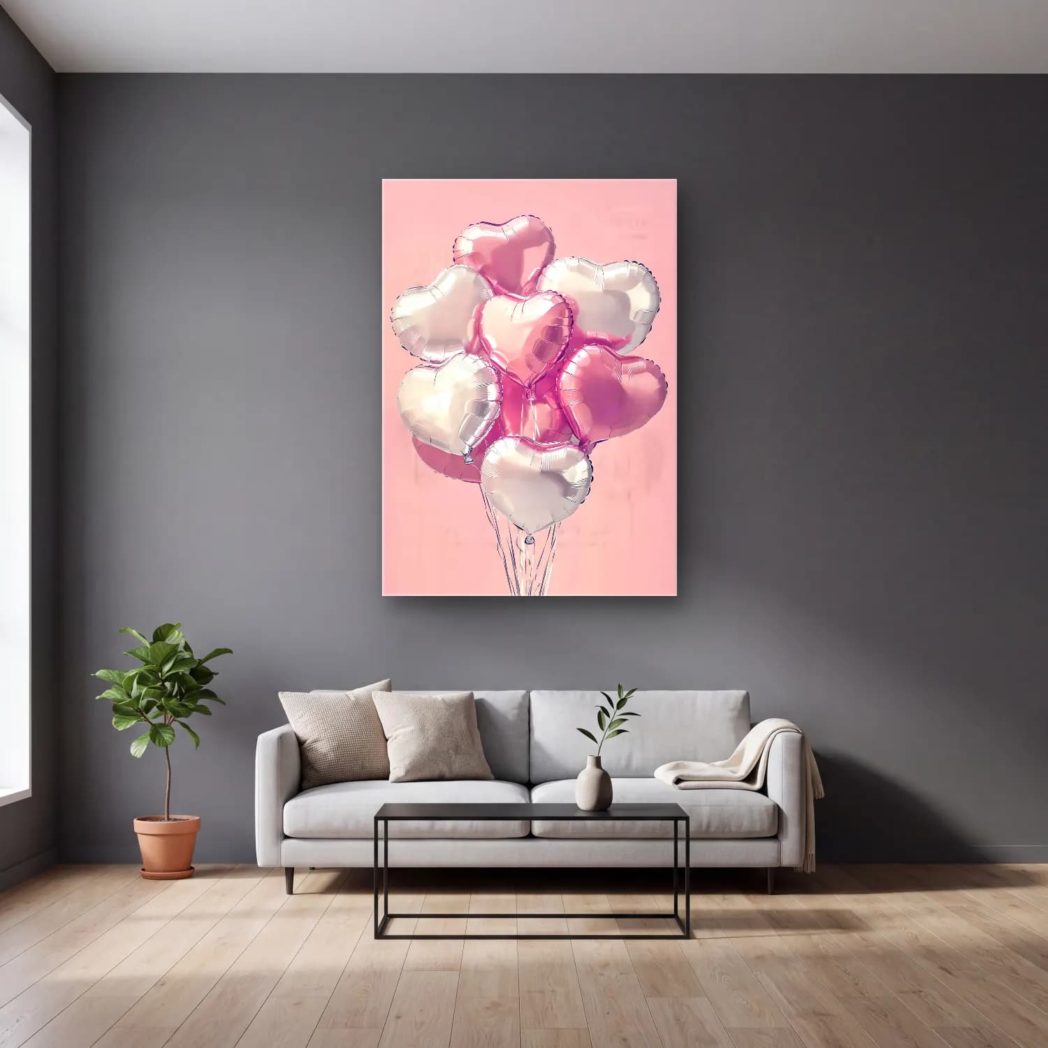Pastel Sıcak Hava Balonu No. 2 cam tablo — gri duvarlı salonda