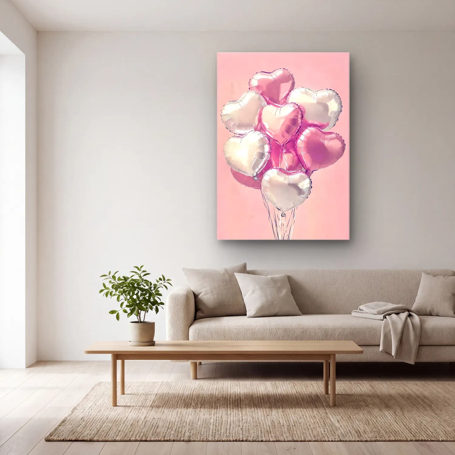 Pastel Sıcak Hava Balonu No. 2 cam tablo — açık renk salonda