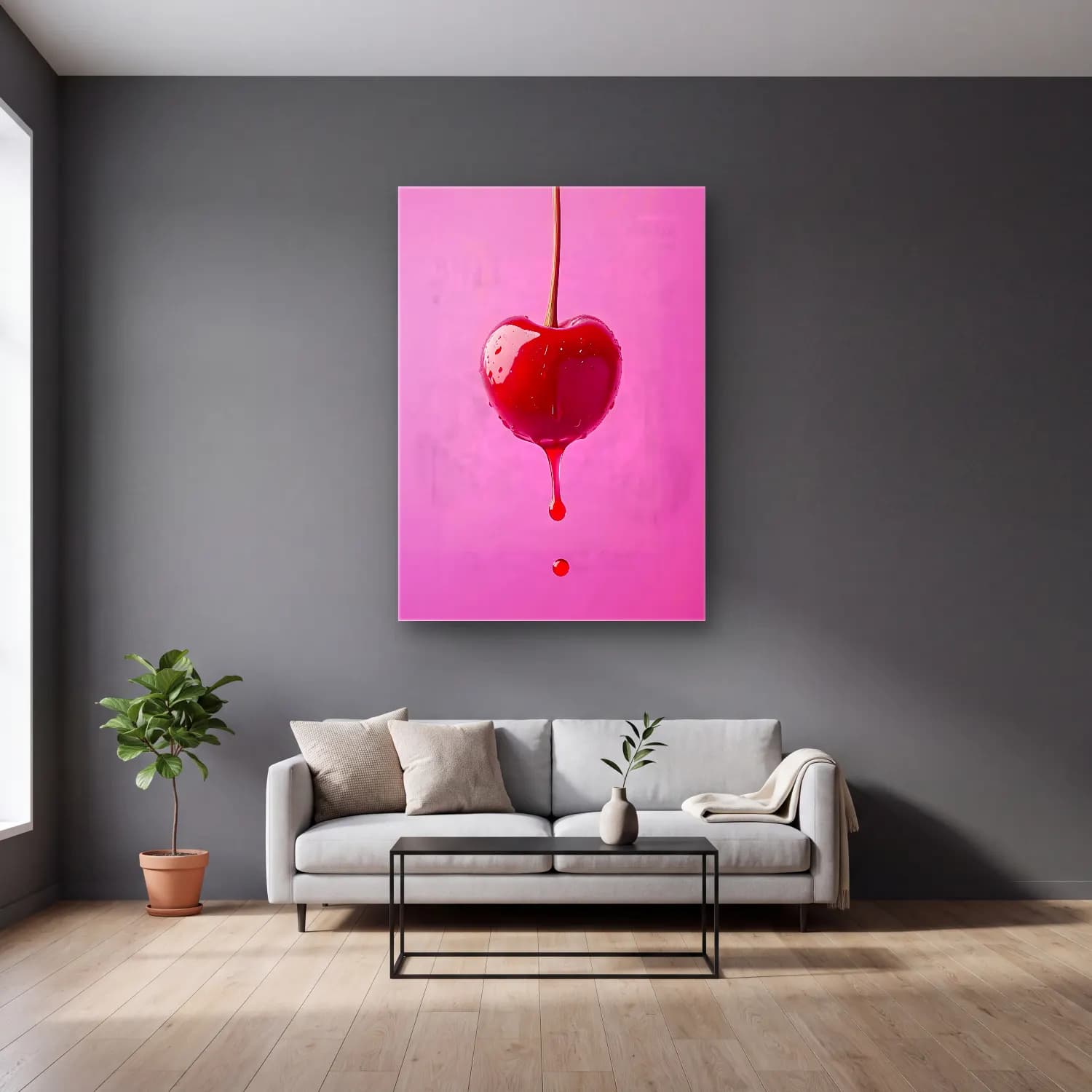Pop Art Kirazlar No. 3 cam tablo — gri duvarlı salonda