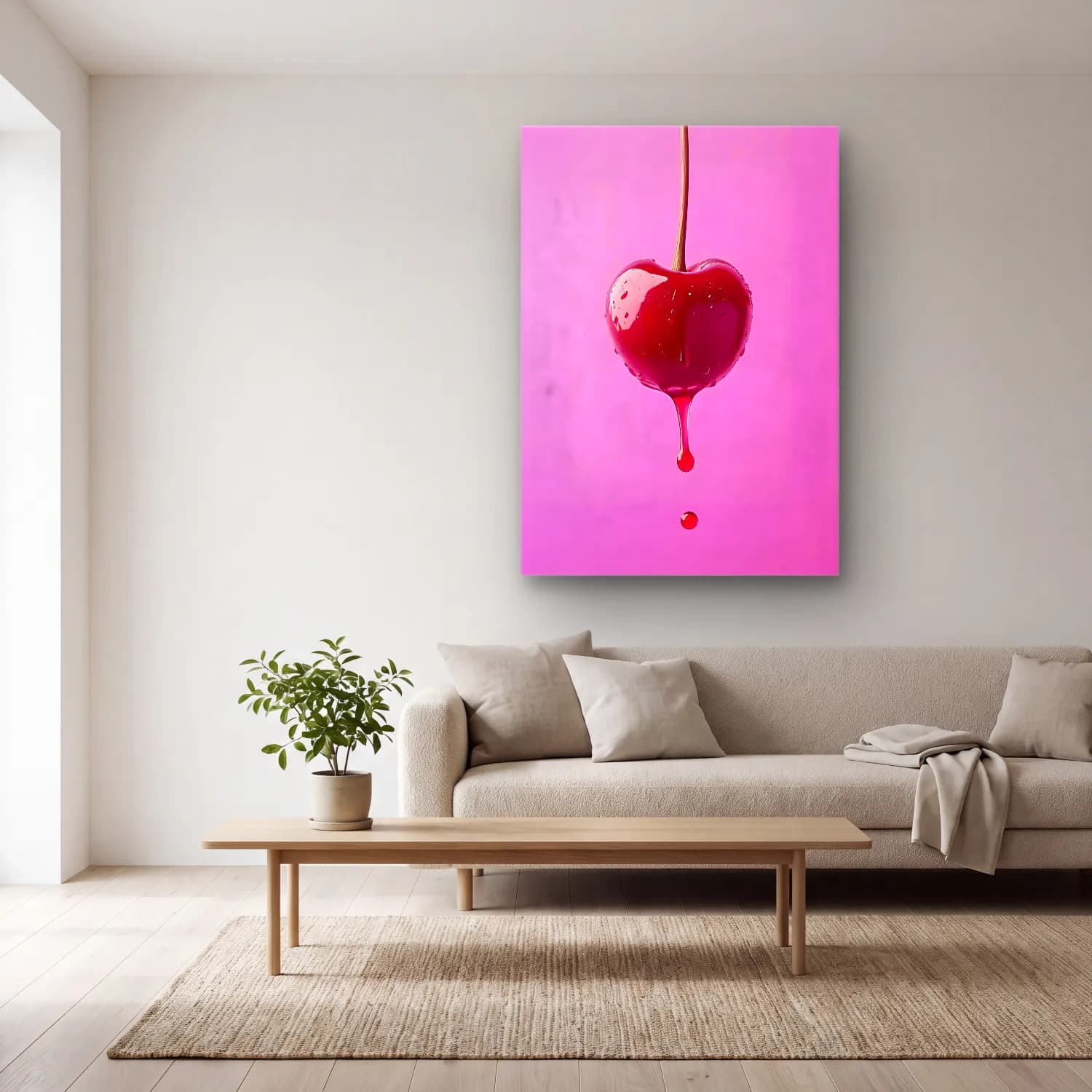 Pop Art Kirazlar No. 3 cam tablo — açık renk salonda