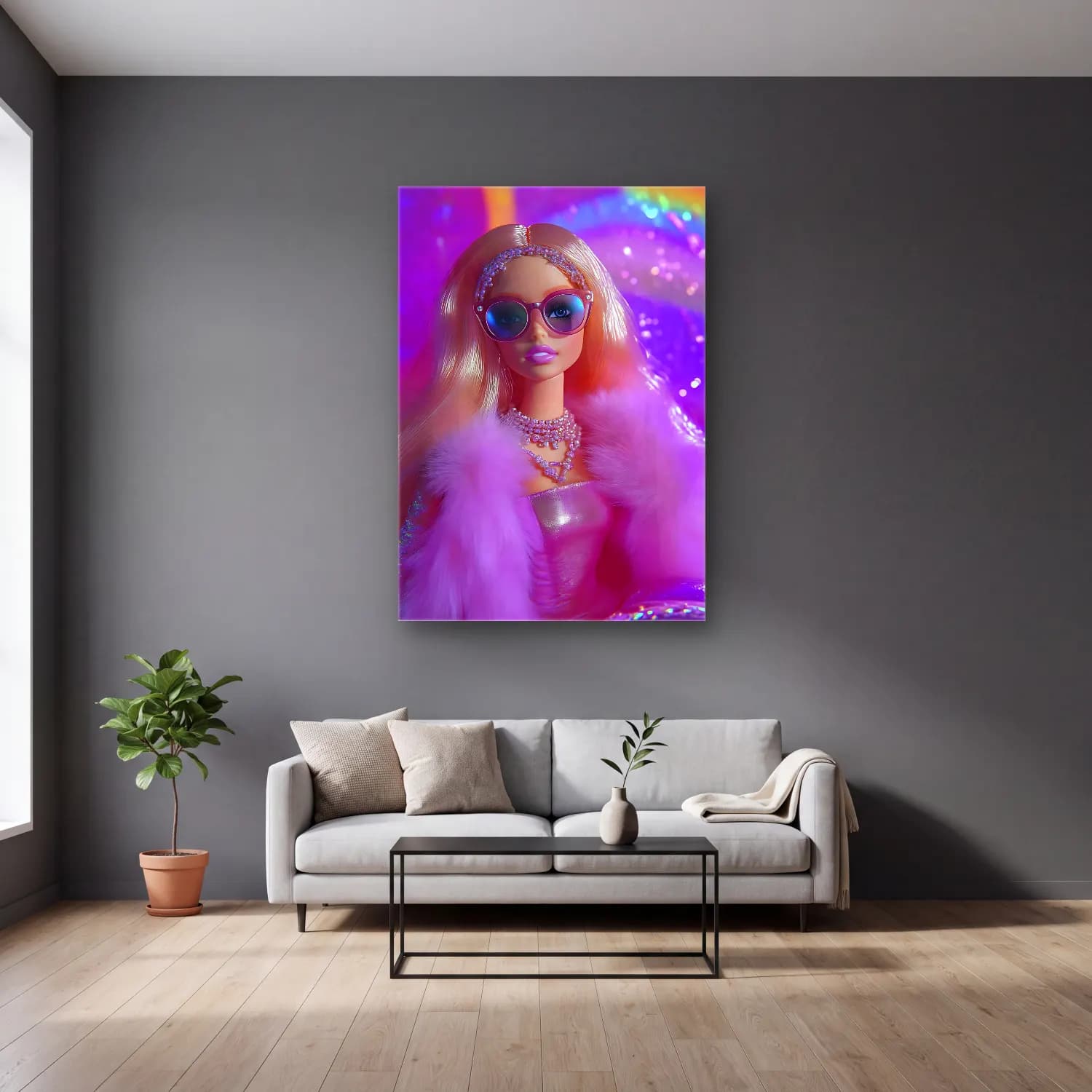 Pastel Moda İllüstrasyonu No. 14 cam tablo — gri duvarlı salonda