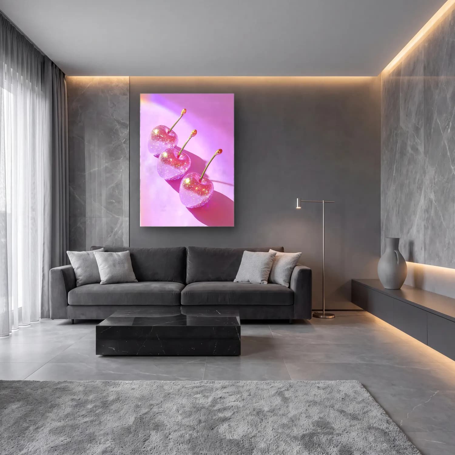 Pastel Kirazlar No. 10 cam tablo — lüks salon duvarında