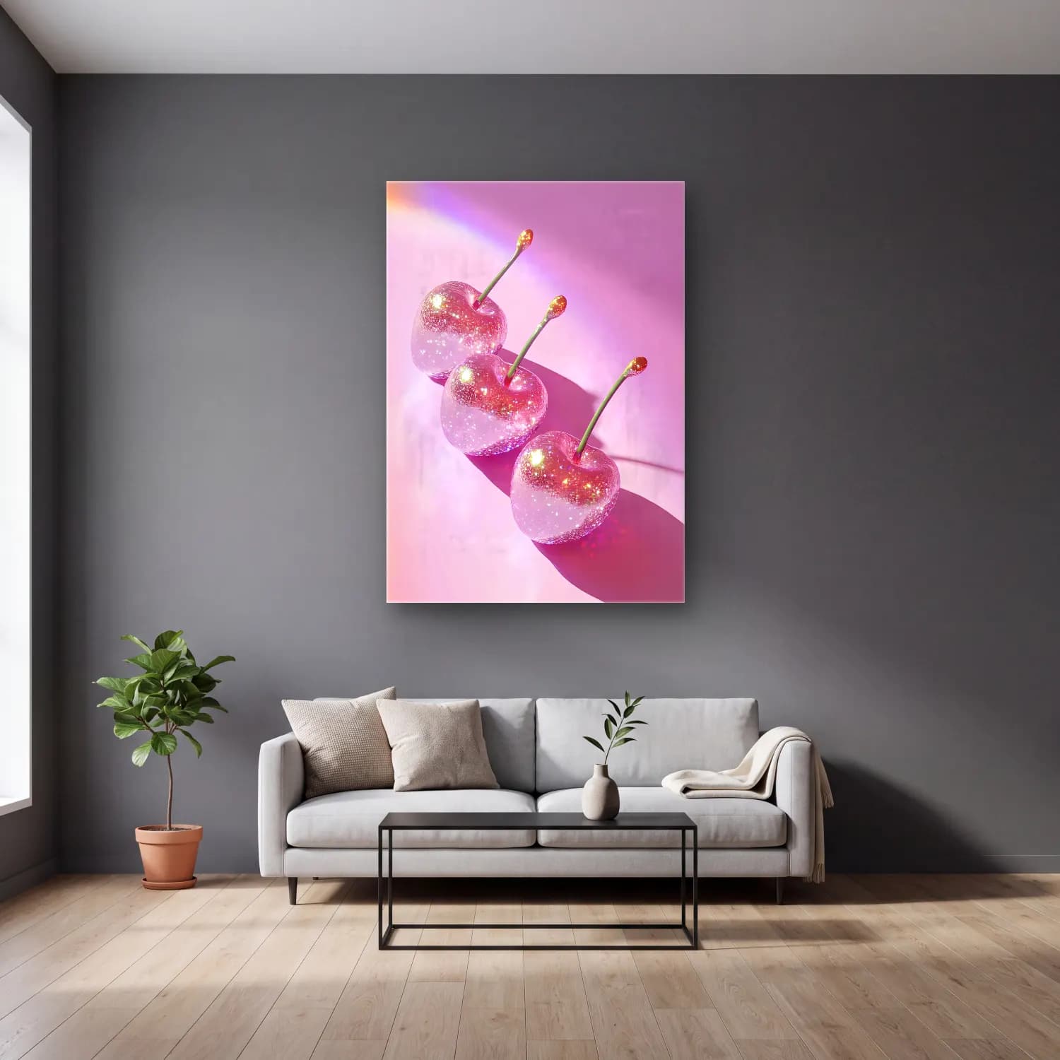 Pastel Kirazlar No. 10 cam tablo — gri duvarlı salonda