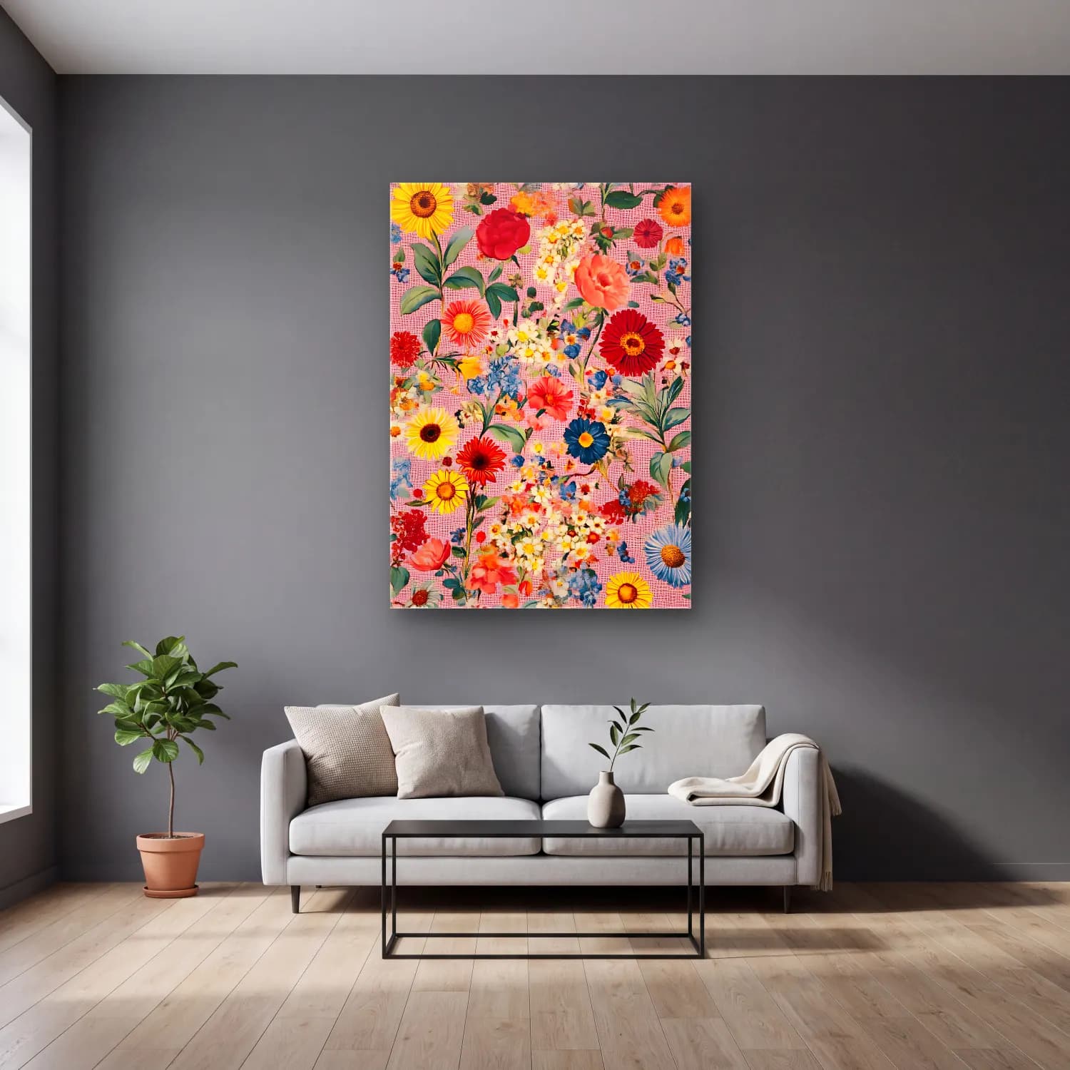 Pastel Çiçek Deseni No. 199 cam tablo — gri duvarlı salonda