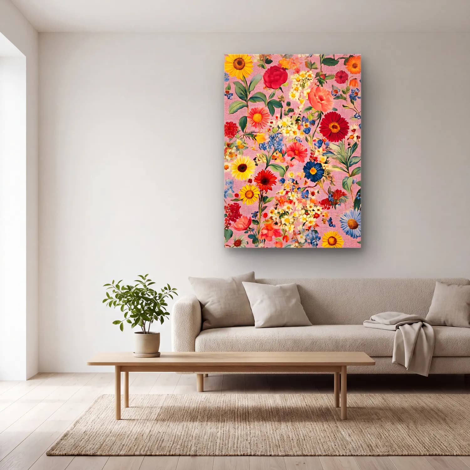 Pastel Çiçek Deseni No. 199 cam tablo — açık renk salonda