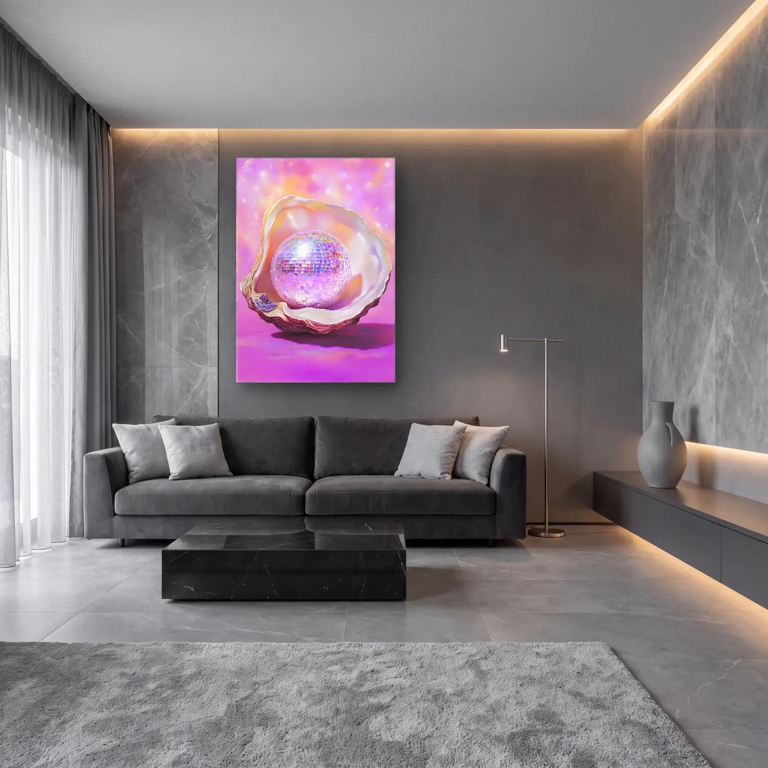 Pastel Deniz Kabukları No. 27 cam tablo — lüks salon duvarında