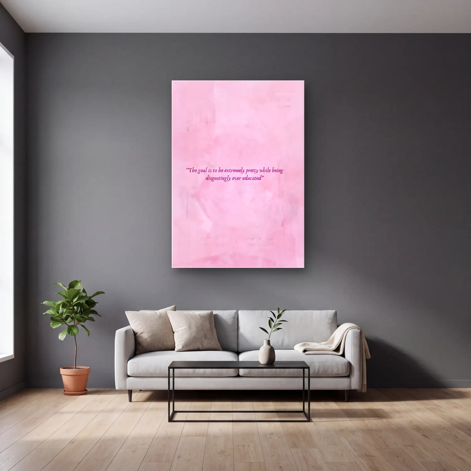 Pastel Söz Posteri No. 45 cam tablo — gri duvarlı salonda