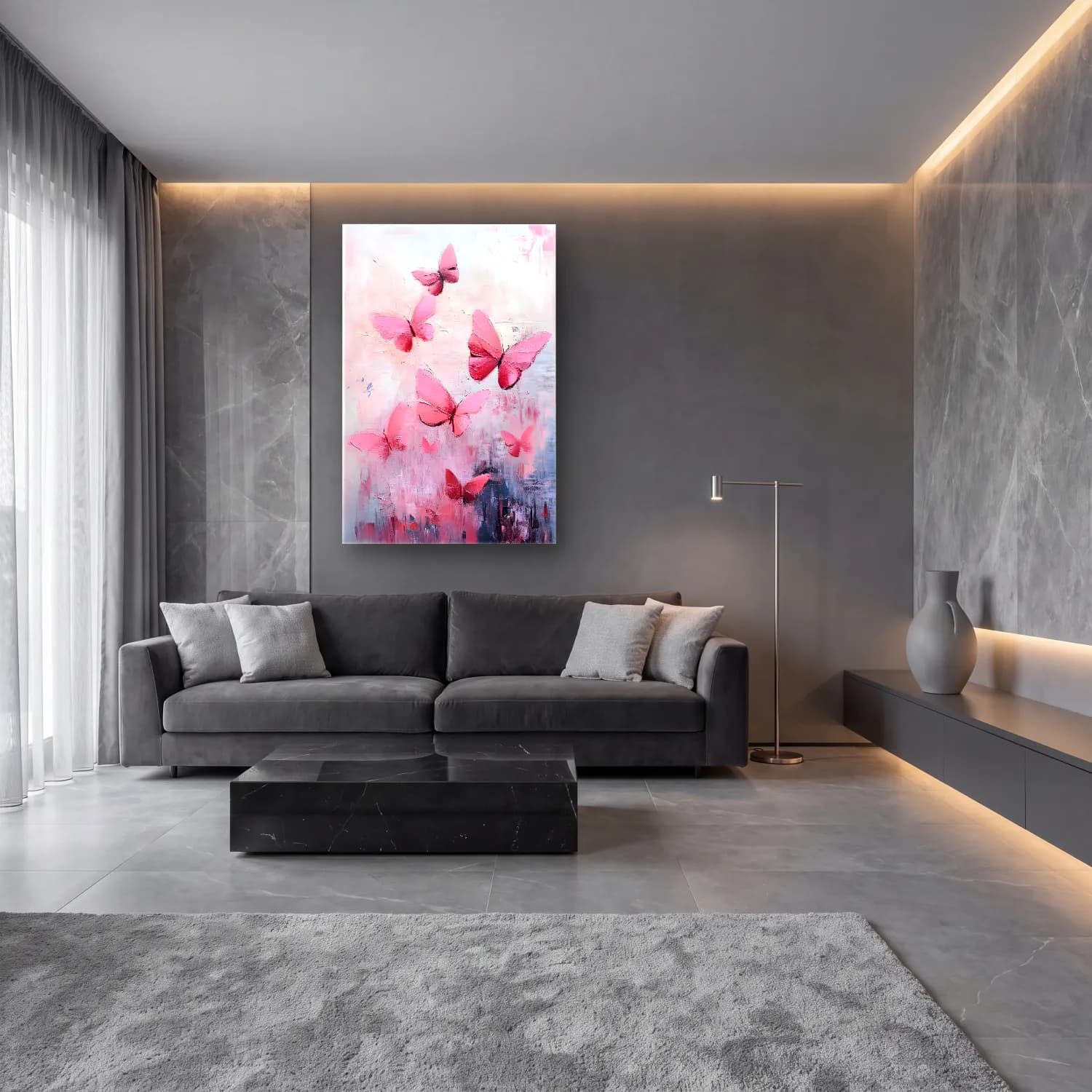 Yağlı Boya Kelebek – Pembe Tonlar cam tablo — lüks salon duvarında
