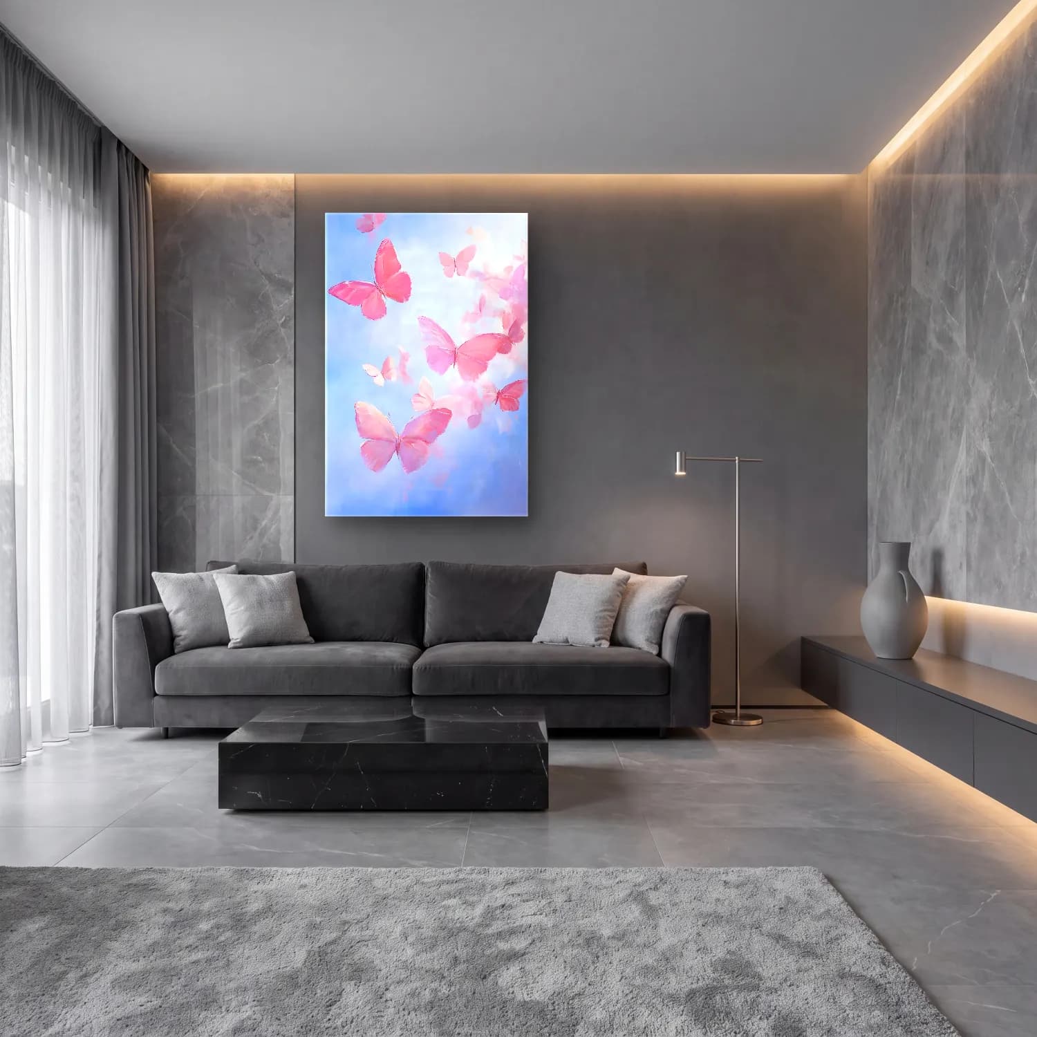 Pastel Kelebek No. 14 cam tablo — lüks salon duvarında