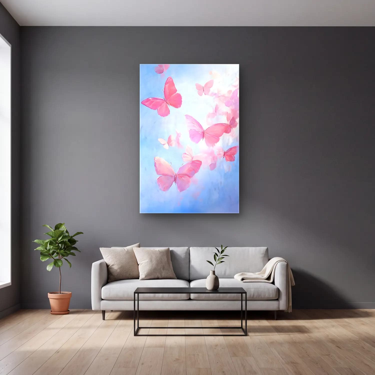 Pastel Kelebek No. 14 cam tablo — gri duvarlı salonda