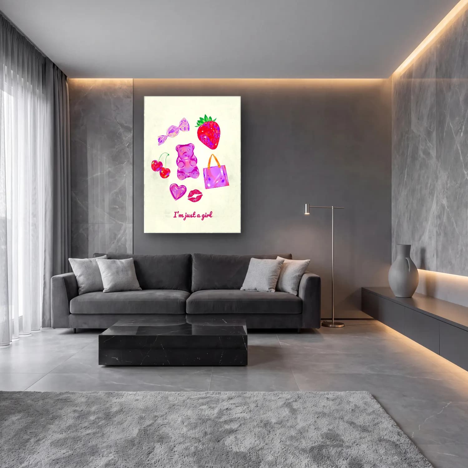 Pastel Çilekler No. 12 cam tablo — lüks salon duvarında
