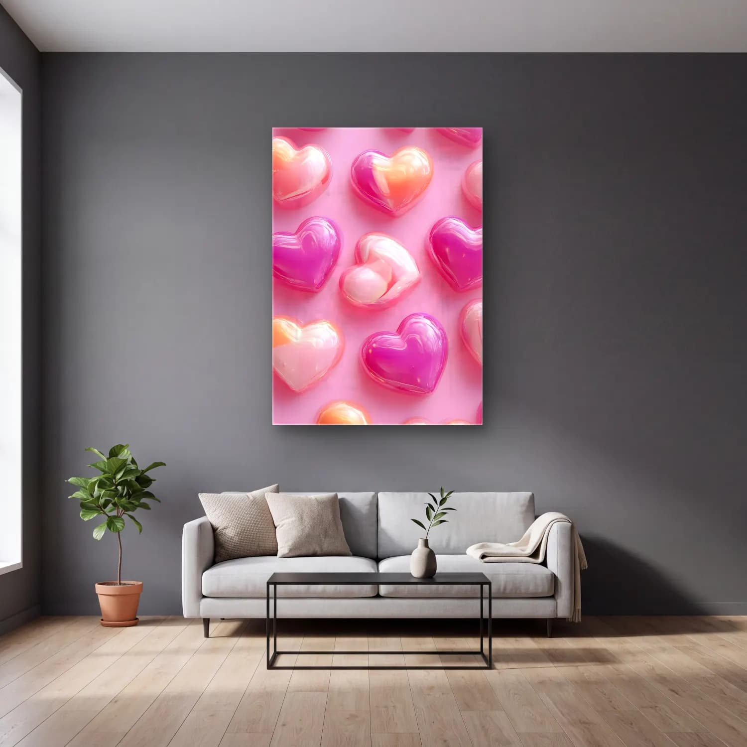 Pastel Mumlar No. 5 cam tablo — gri duvarlı salonda