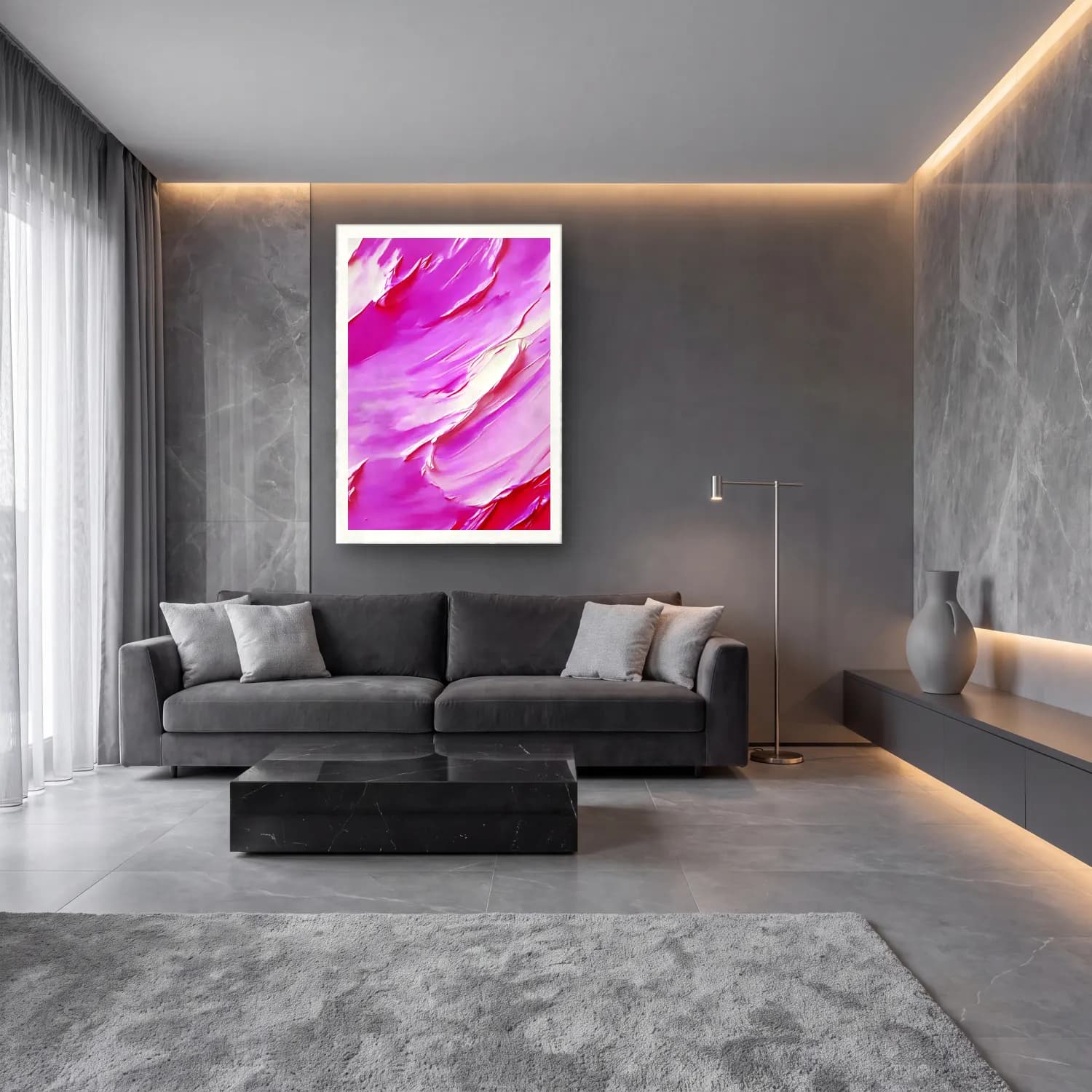Pastel Soyut Fırça Darbeleri – Pembe Tonlar cam tablo — lüks salon duvarında