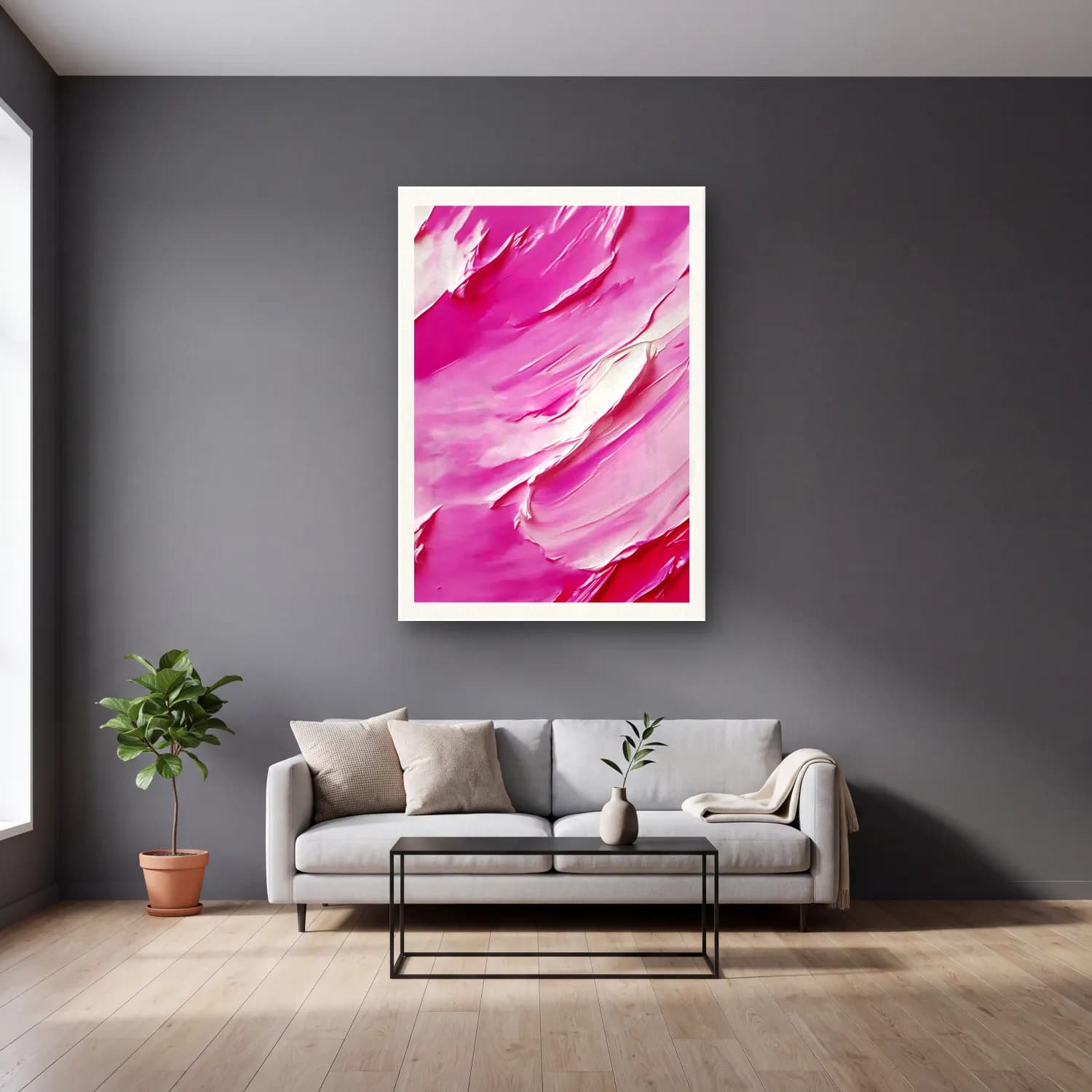 Pastel Soyut Fırça Darbeleri – Pembe Tonlar cam tablo — gri duvarlı salonda