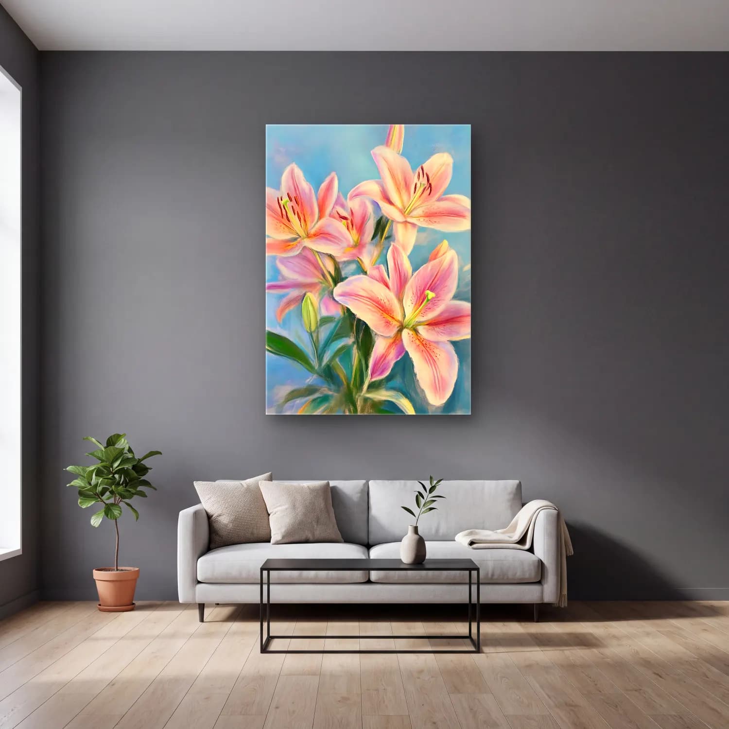 Pastel Zambaklar No. 4 cam tablo — gri duvarlı salonda