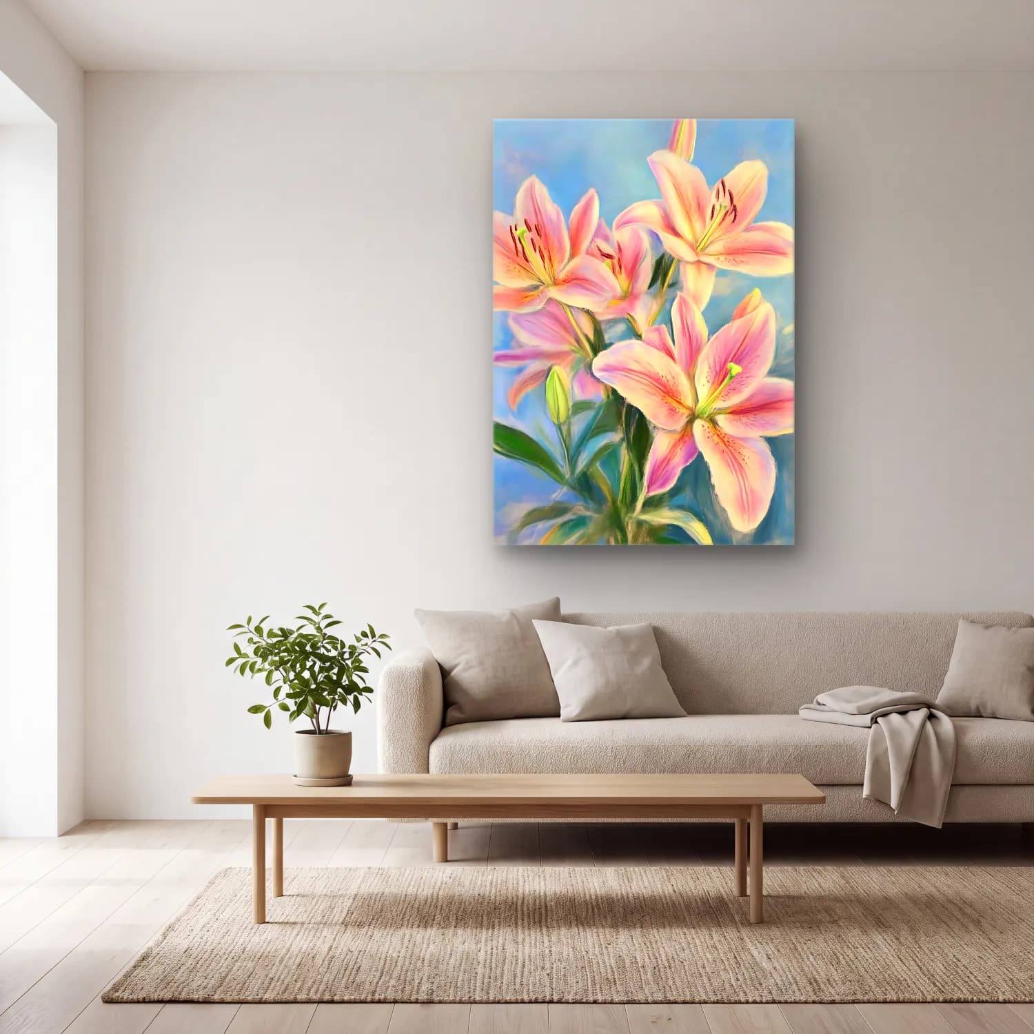 Pastel Zambaklar No. 4 cam tablo — açık renk salonda