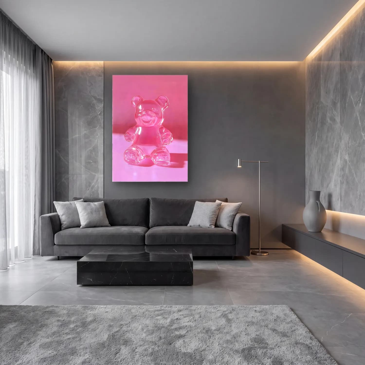 Pastel Oyuncak Ayı No. 6 cam tablo — lüks salon duvarında