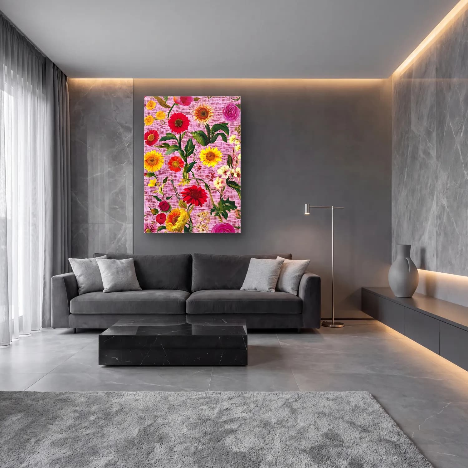Pastel Çiçek Deseni No. 200 cam tablo — lüks salon duvarında