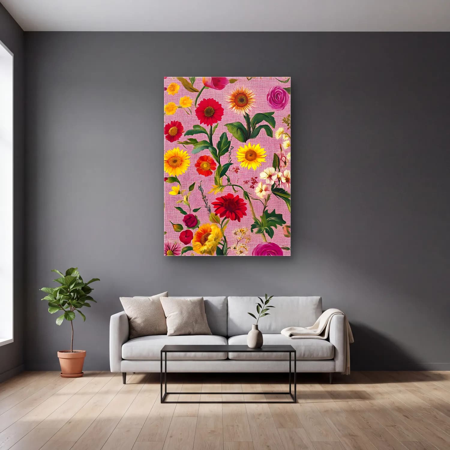 Pastel Çiçek Deseni No. 200 cam tablo — gri duvarlı salonda