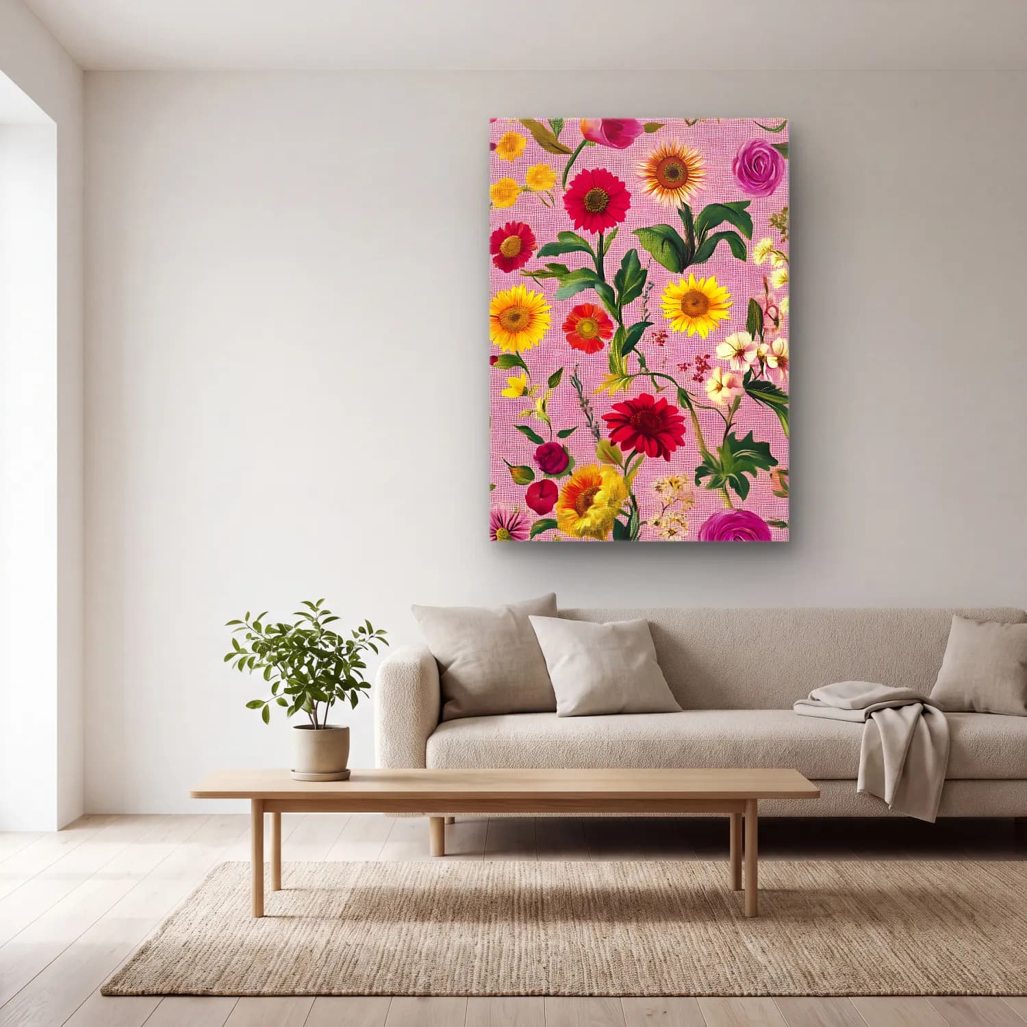 Pastel Çiçek Deseni No. 200 cam tablo — açık renk salonda