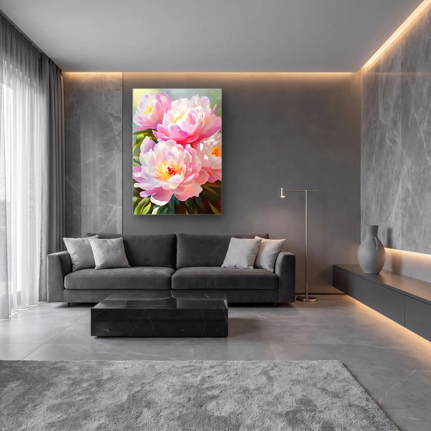 Pastel Pembe Şakayıklar No. 8 cam tablo — lüks salon duvarında