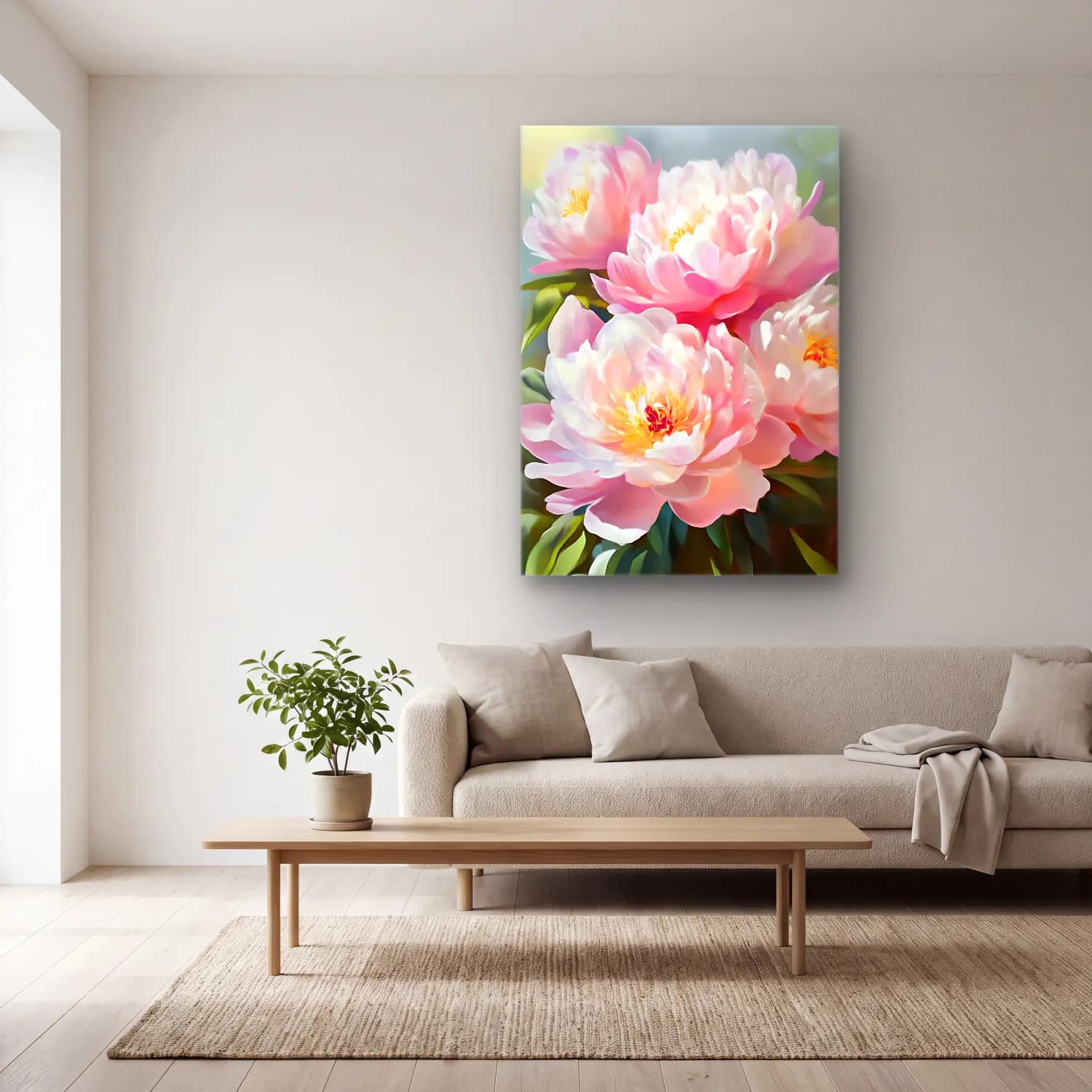 Pastel Pembe Şakayıklar No. 8 cam tablo — açık renk salonda