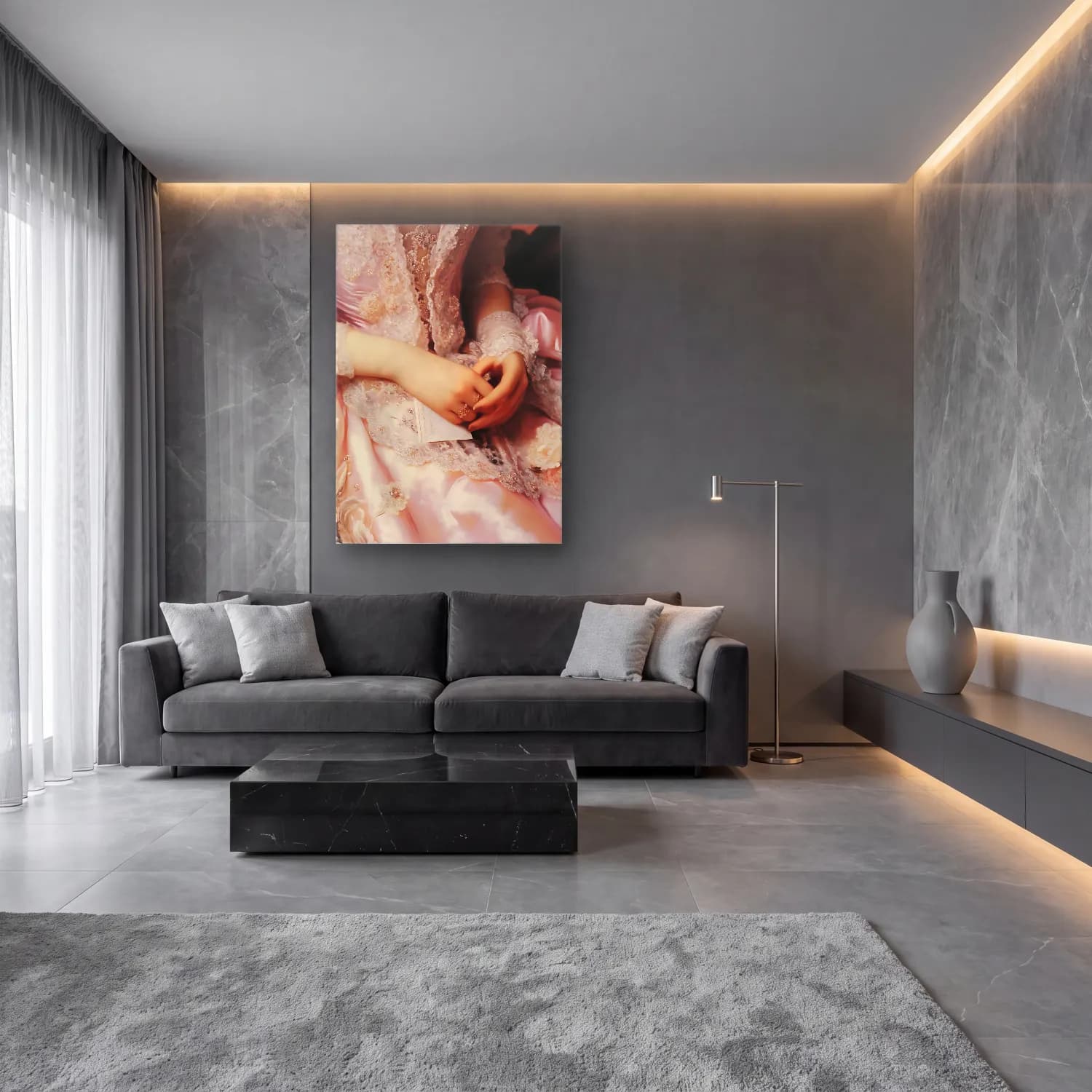 Pastel Eller No. 3 cam tablo — lüks salon duvarında