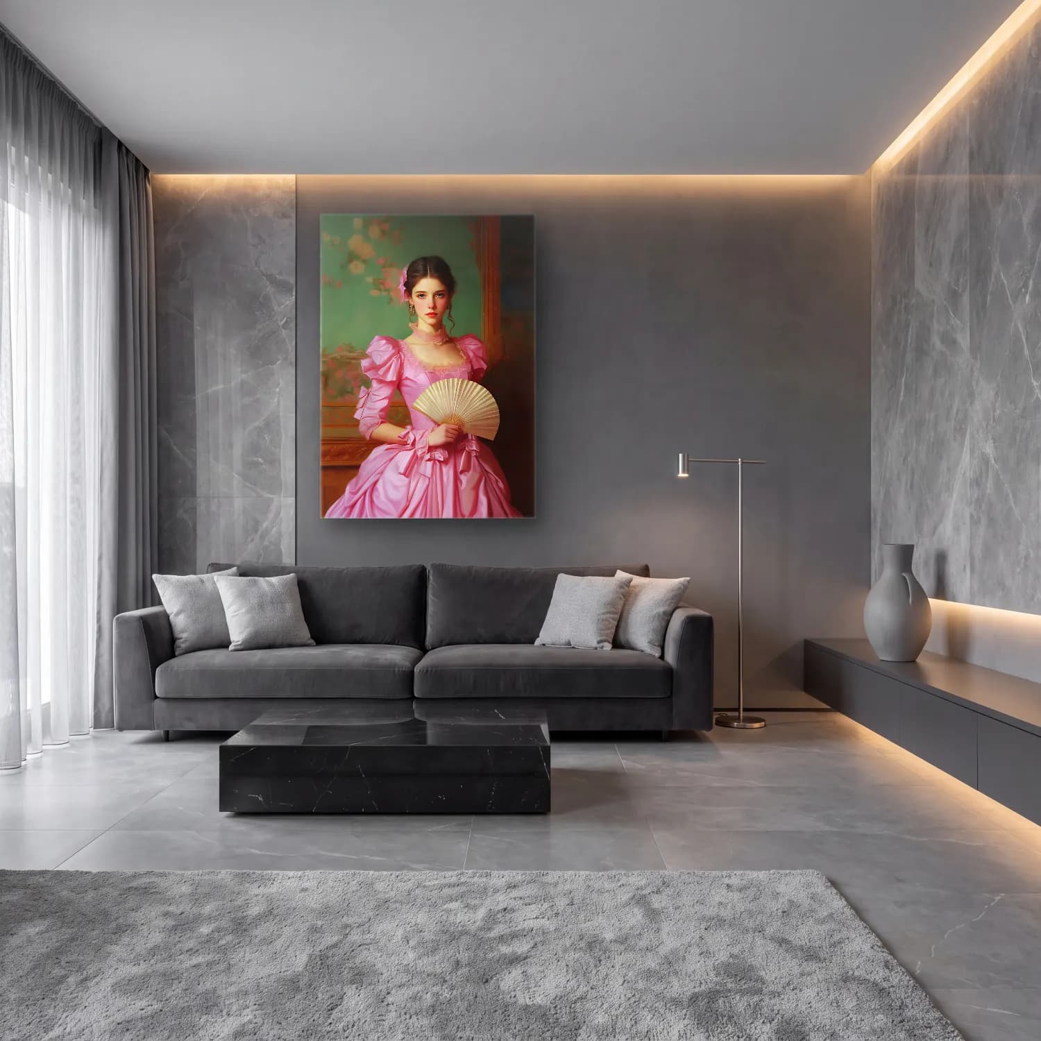 Pastel Elbiseli Kadın No. 18 cam tablo — lüks salon duvarında