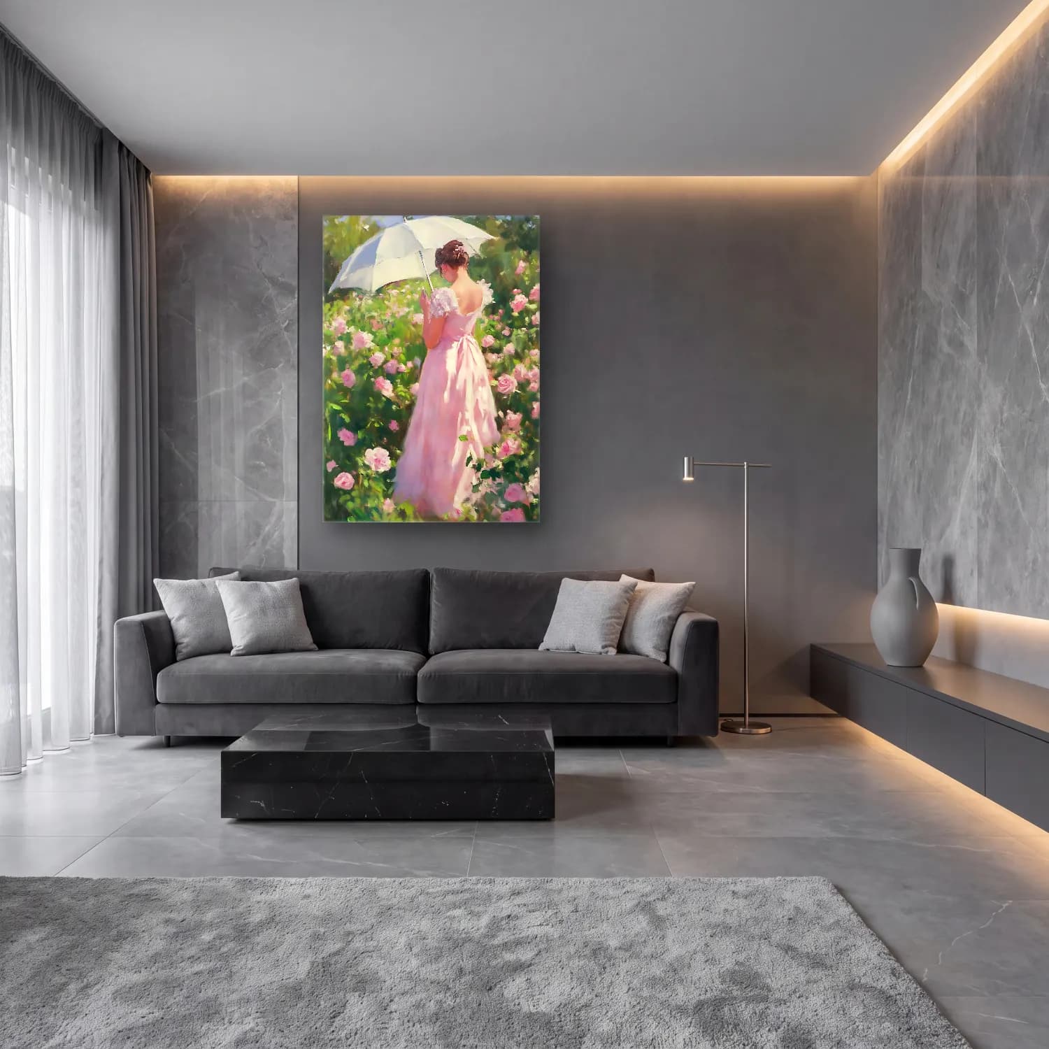 Empresyonist Pembe Şakayıklar No. 7 cam tablo — lüks salon duvarında