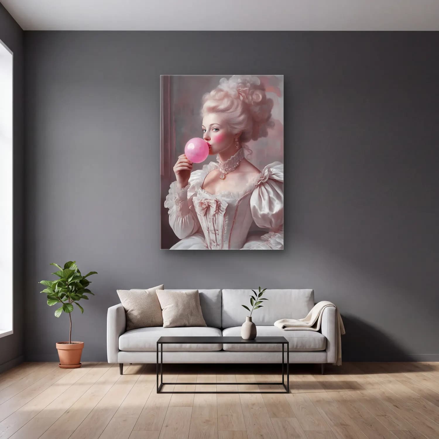 Pastel Kız Çocuğu Portresi No. 4 cam tablo — gri duvarlı salonda