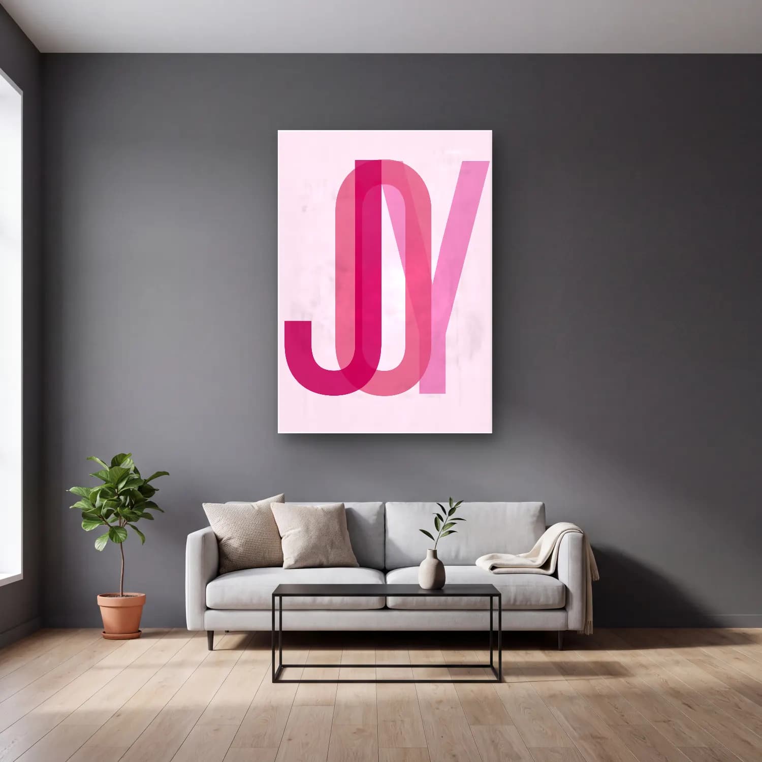 Pastel Harf Posteri No. 3 cam tablo — gri duvarlı salonda