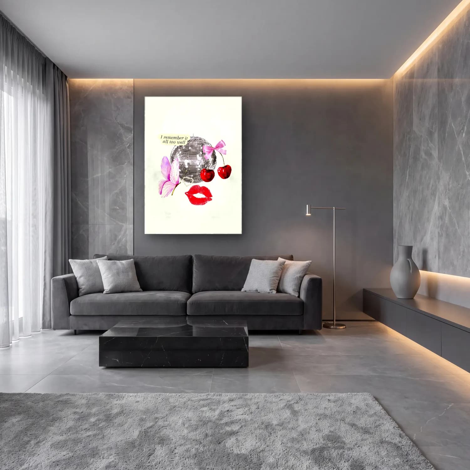 Pop Art Kirazlar No. 5 cam tablo — lüks salon duvarında