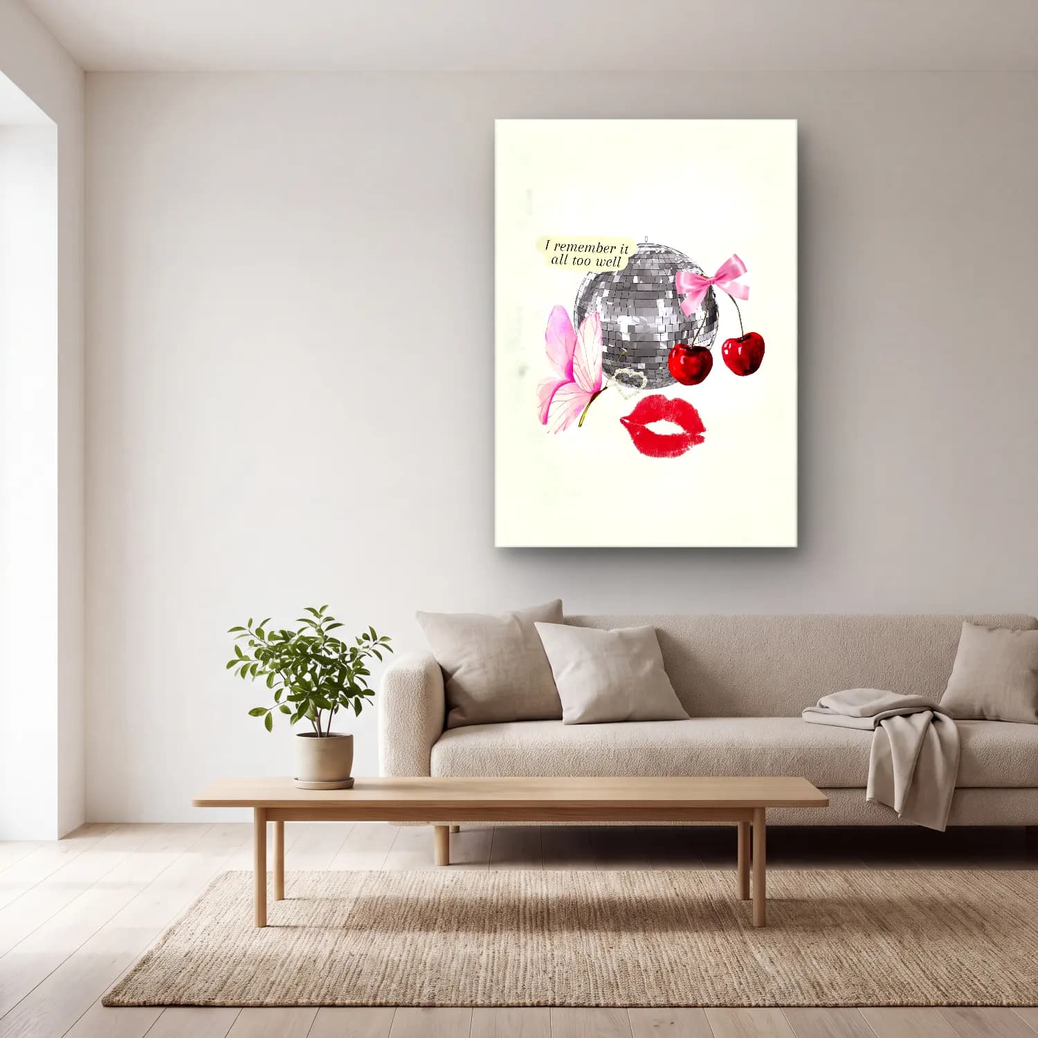 Pop Art Kirazlar No. 5 cam tablo — açık renk salonda
