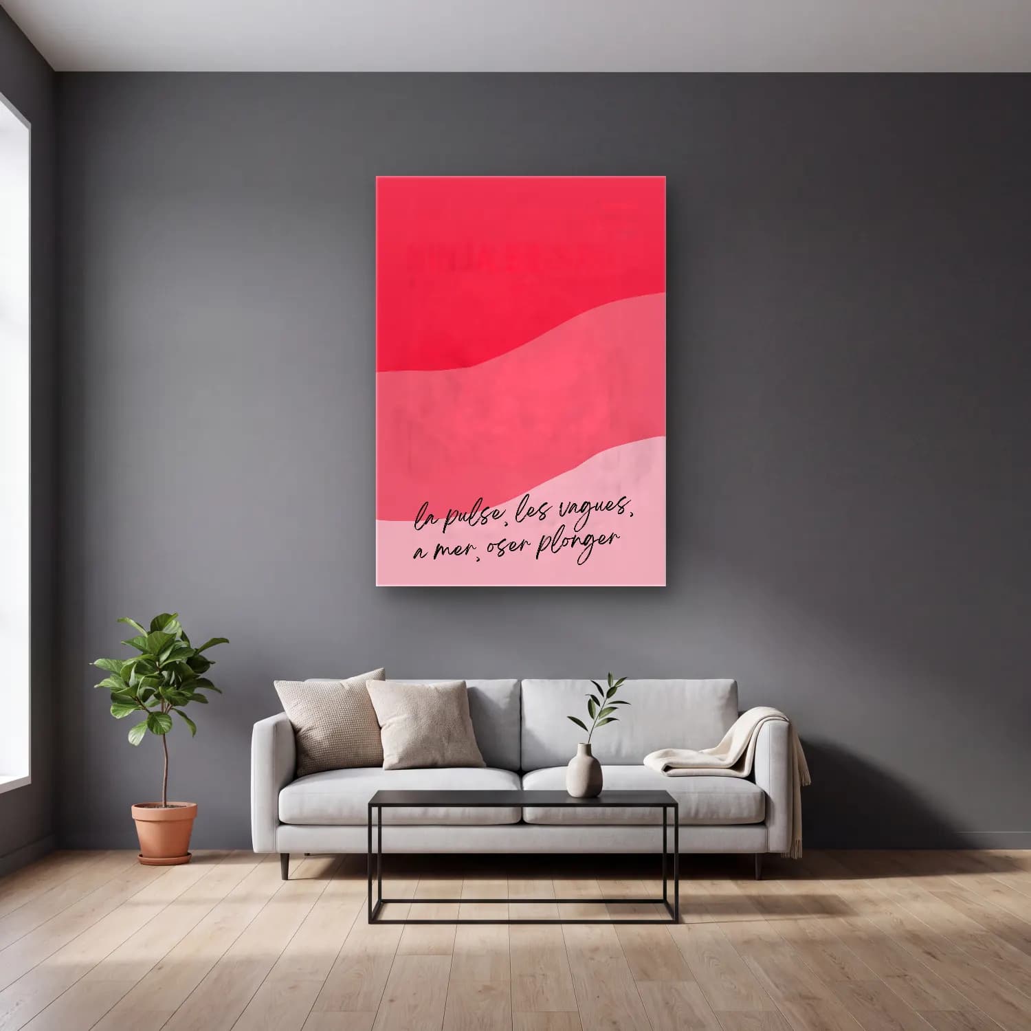 Pastel Söz Posteri No. 46 cam tablo — gri duvarlı salonda