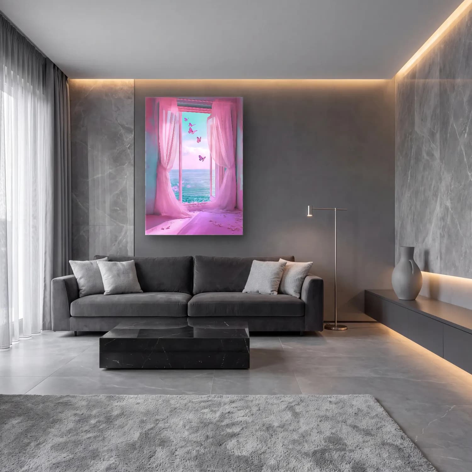 Pastel Pencereden Manzara No. 6 cam tablo — lüks salon duvarında