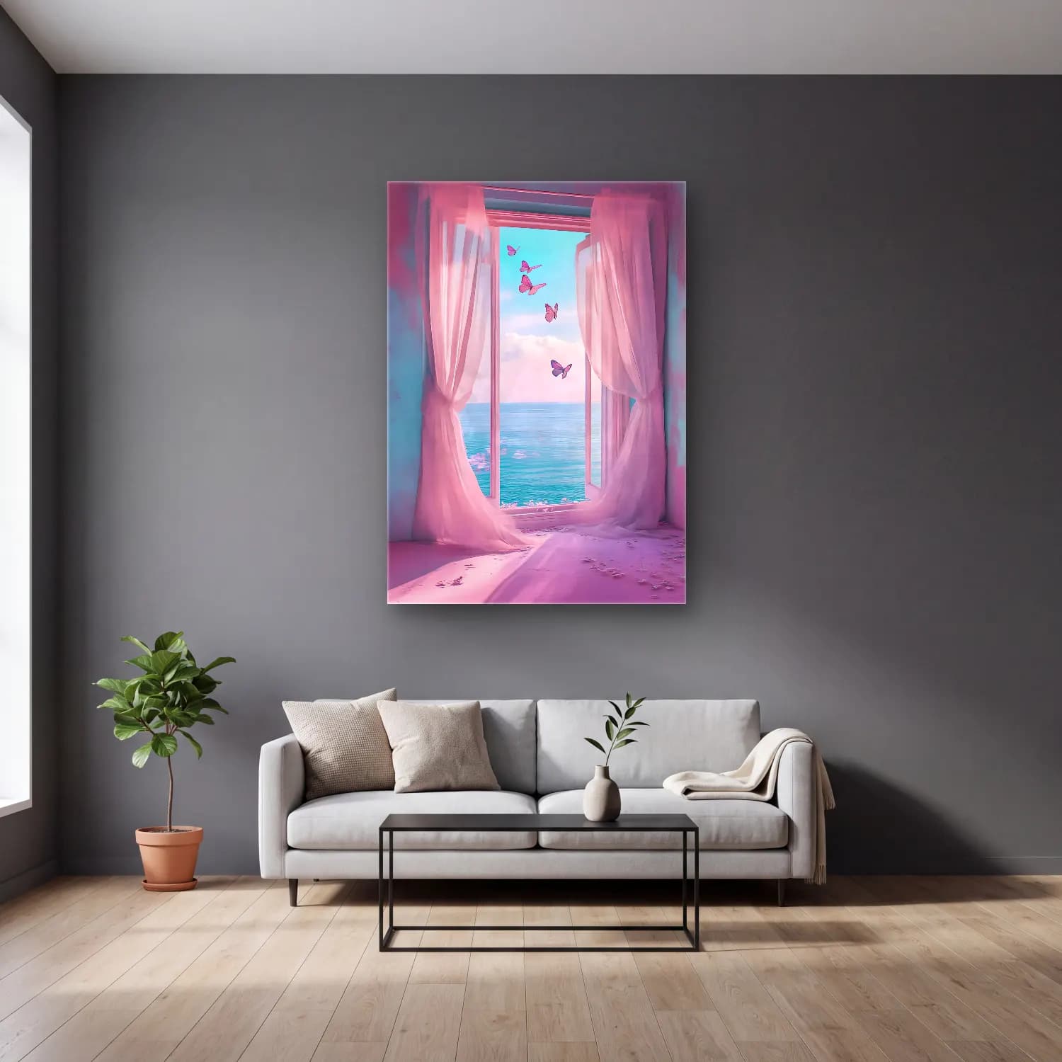Pastel Pencereden Manzara No. 6 cam tablo — gri duvarlı salonda