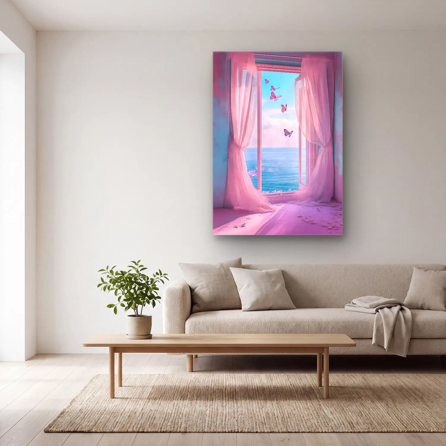 Pastel Pencereden Manzara No. 6 cam tablo — açık renk salonda