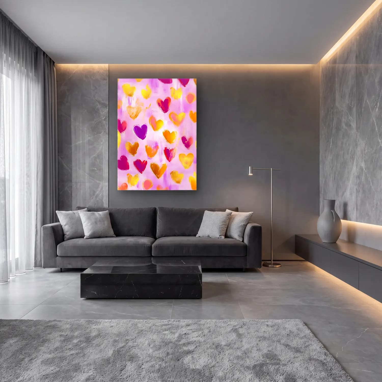 Pastel Altın Doku – Pembe Tonlar cam tablo — lüks salon duvarında