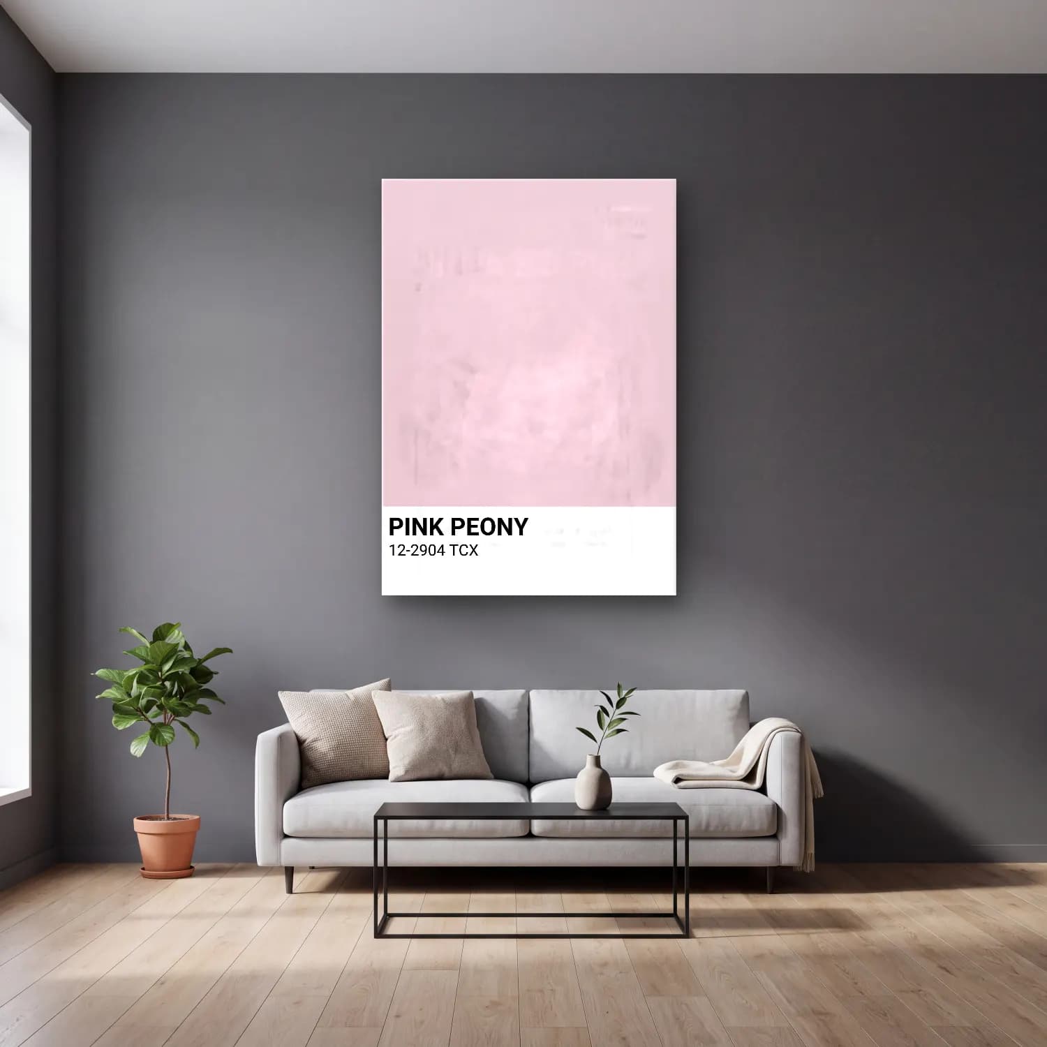 Pastel Pembe Şakayıklar No. 9 cam tablo — gri duvarlı salonda