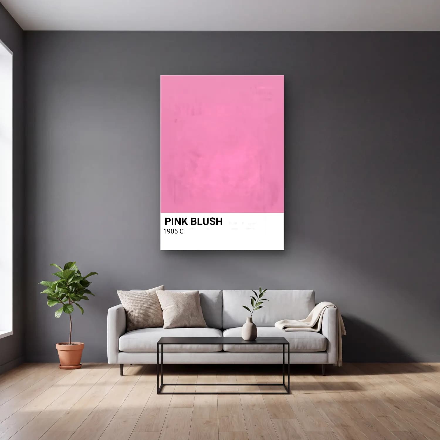 Pastel Pembe Şakayıklar No. 10 cam tablo — gri duvarlı salonda