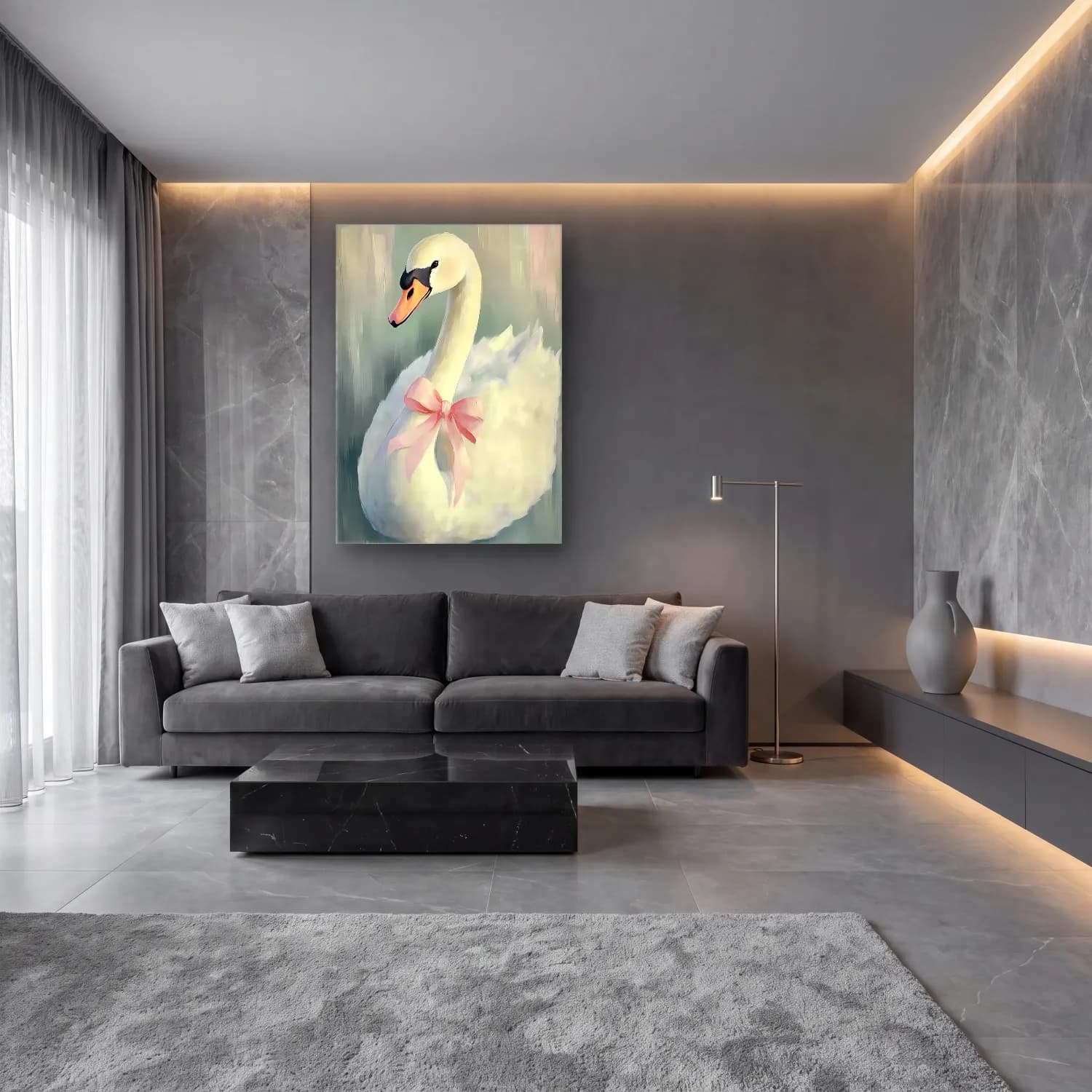 Pastel Kuğu No. 5 cam tablo — lüks salon duvarında