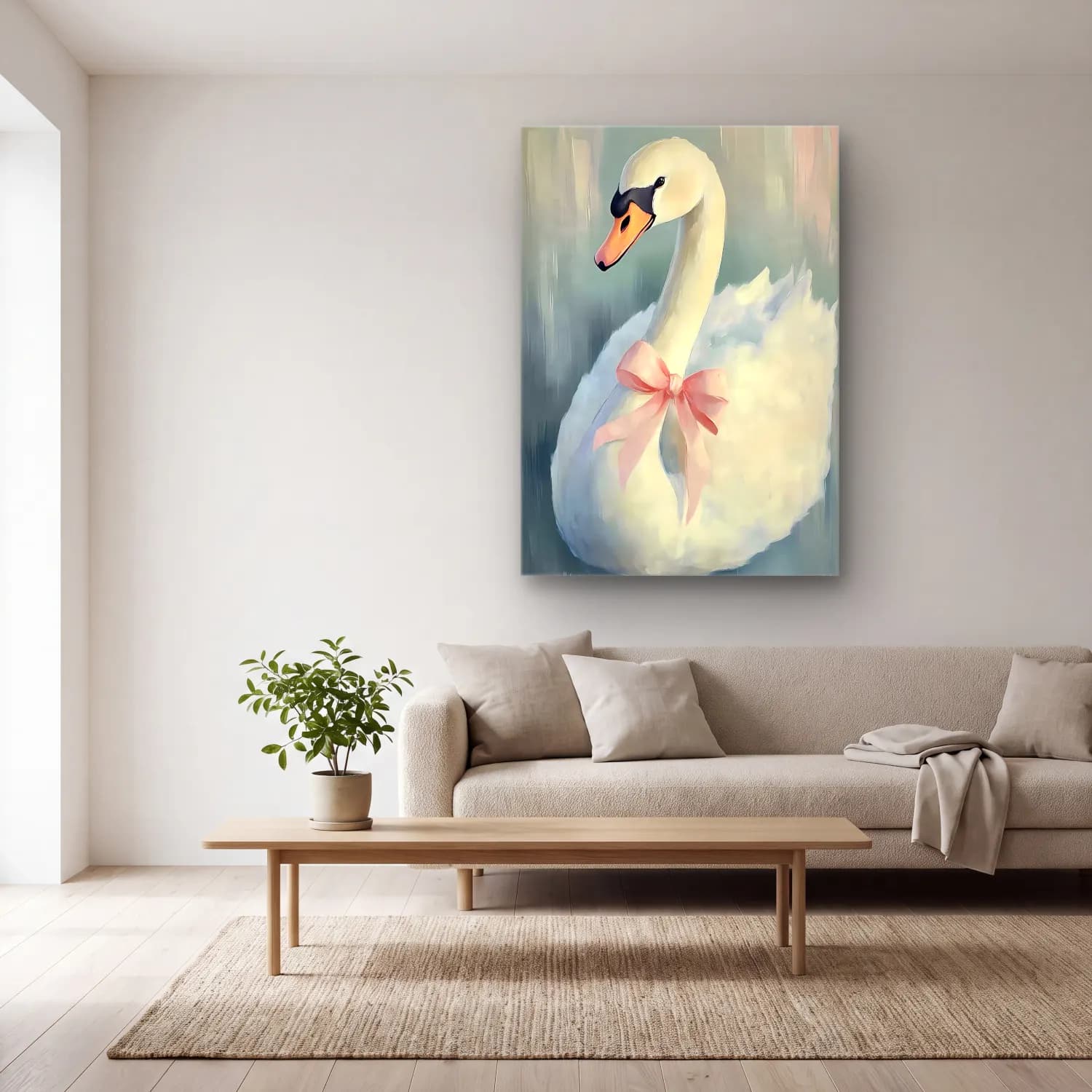 Pastel Kuğu No. 5 cam tablo — açık renk salonda